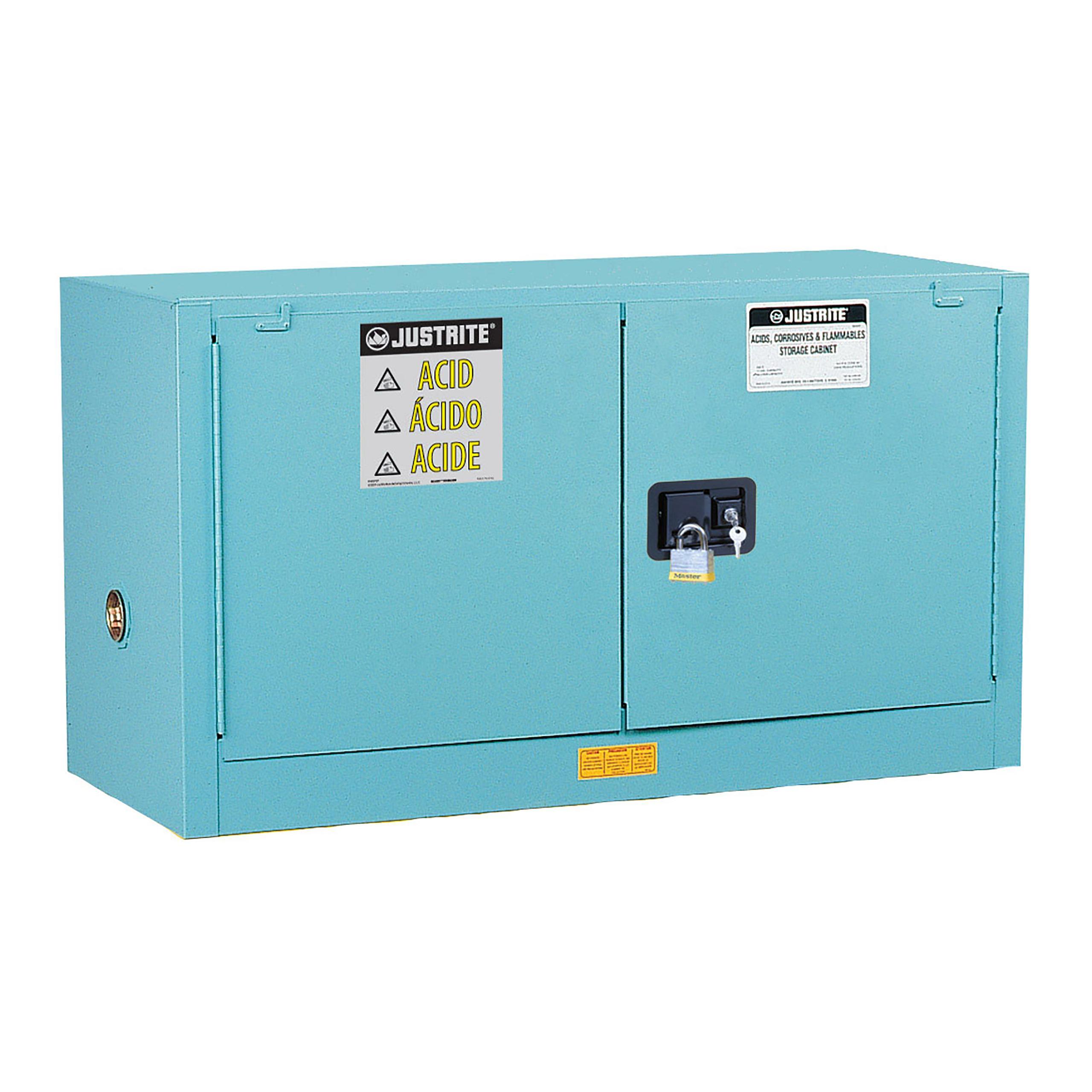 product Justrite&reg; 899002 Sure-Grip&reg; EX Classic Corrosive Safety Cabinet, 90 gal Capacity, 65 in H x 43 in W x 34 in D, Manual Close Door, 2 Doors, 2 Shelves, 18 ga Cold Rolled Steel, Blue