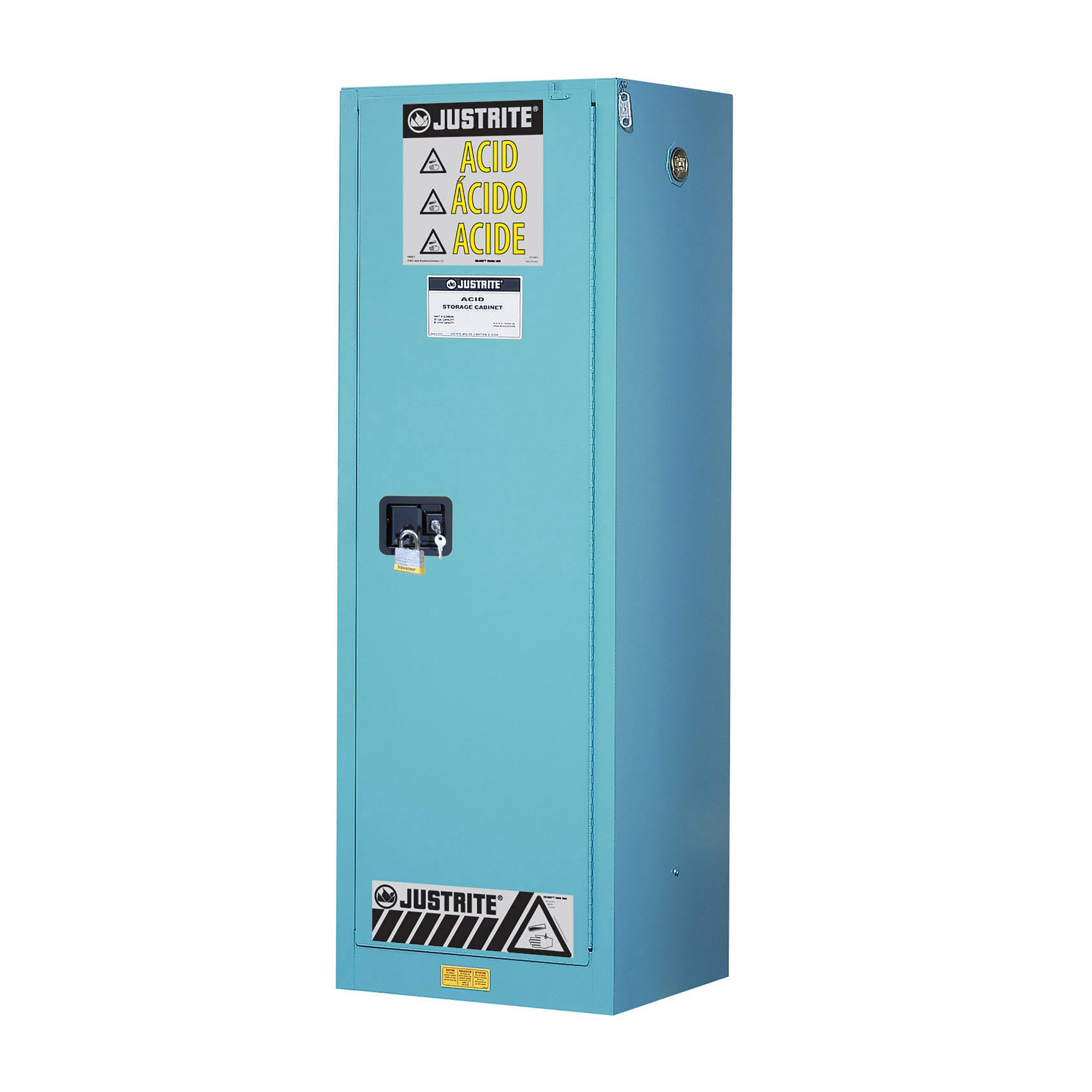 product Justrite® 891222 Sure-Grip® EX Compact Corrosive Safety Cabinet, 12 gal Capacity, 35 in H x 23-1/4 in W x 18 in D, Self-Close Door, 1 Door, 1 Shelve, 18 ga Cold Rolled Steel, Blue