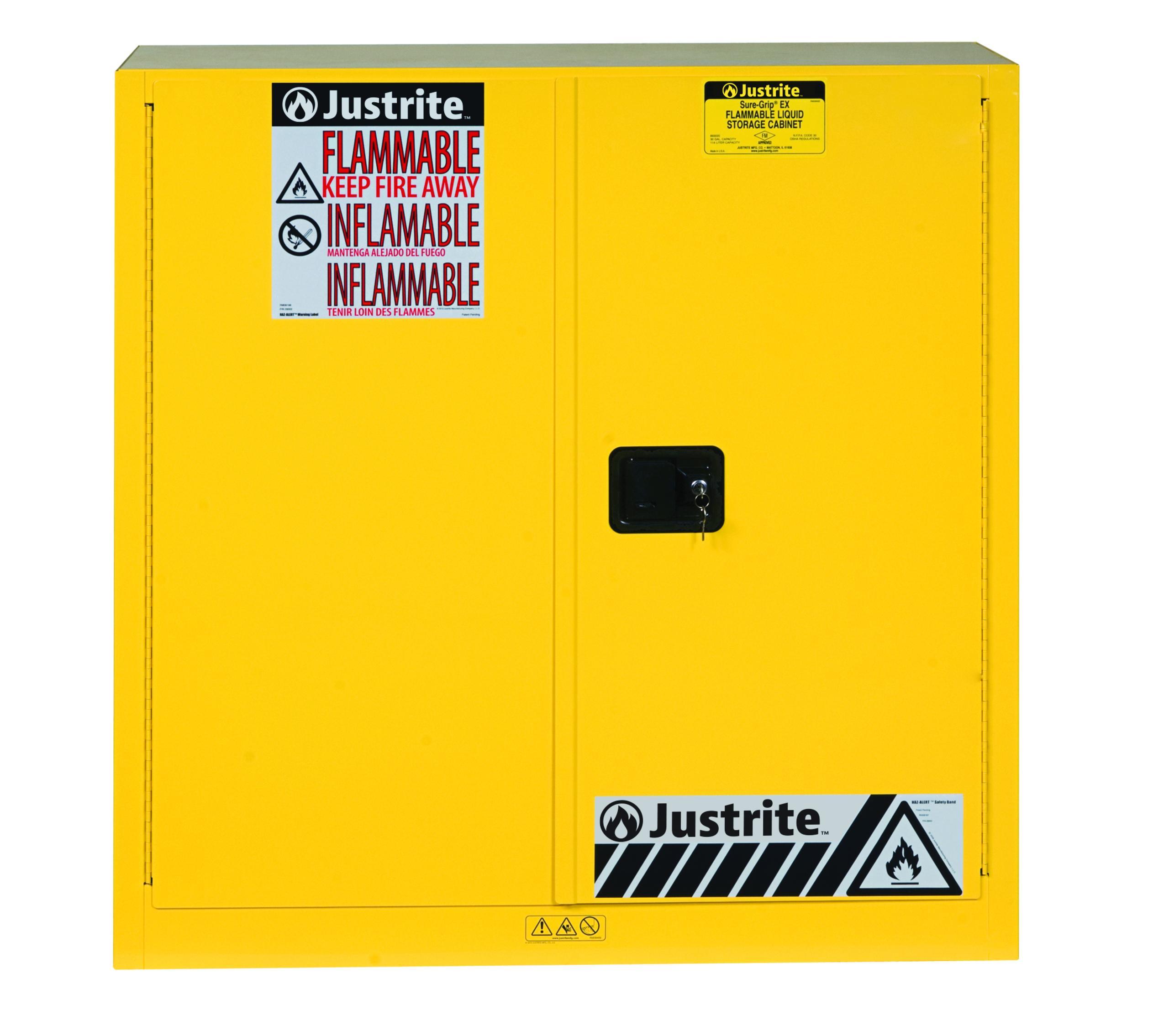 product Justrite® 899170 Sure-Grip® EX Vertical Drum Safety Cabinet, 110 gal Capacity, U-Loc™ Handle, 65 in H x 59 in W x 34 in D, Self-Close Door, 2 Doors, 1 Shelves, Cold Rolled Steel, Yellow