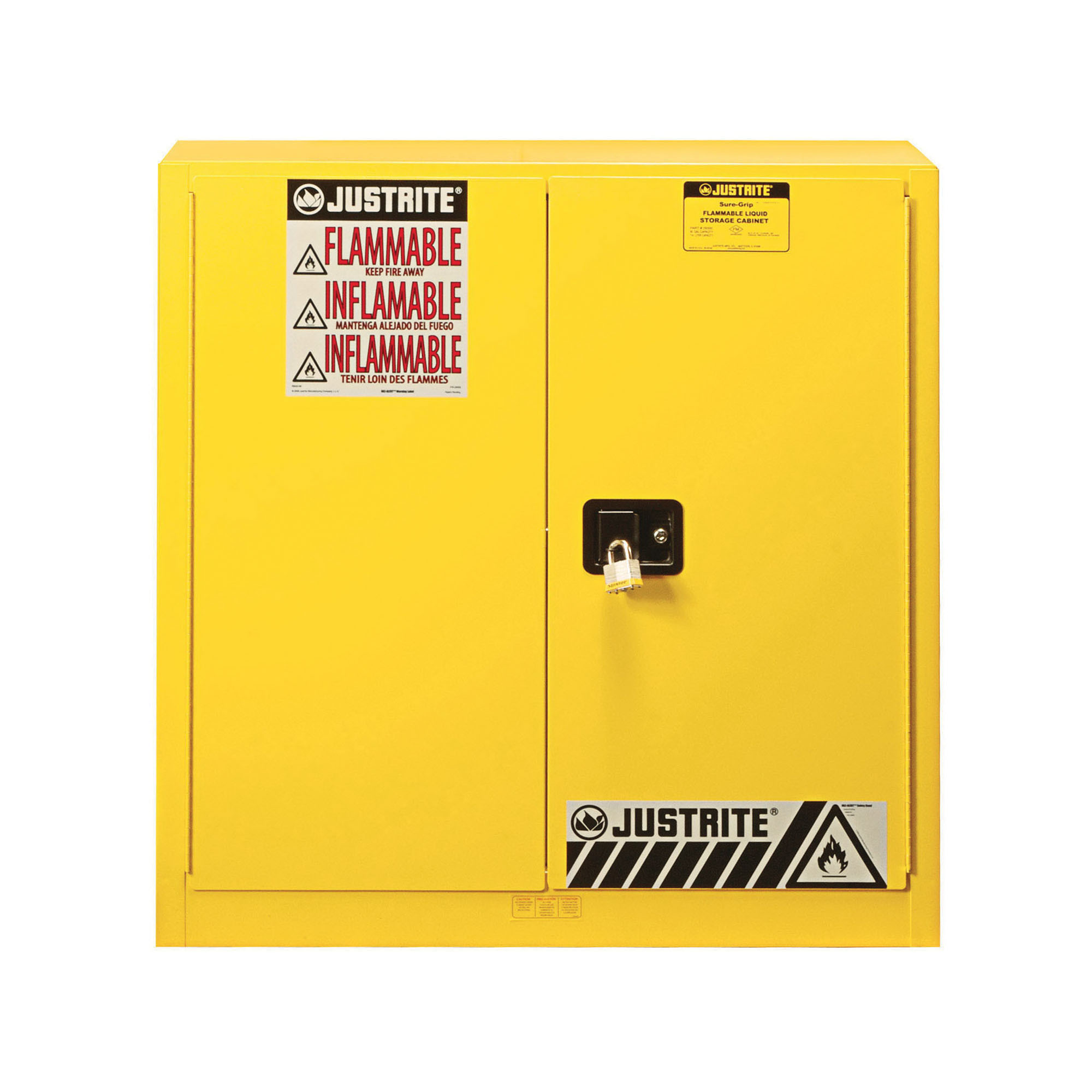 Justrite® 891700 Sure-Grip® EX Piggyback Flammable Safety Cabinet, 17 gal Capacity, U-Loc™ Handle, 24 in H x 43 in W x 18 in D, Manual Close Door, 2 Doors, 1 Shelves, Cold Rolled Steel, Yellow
