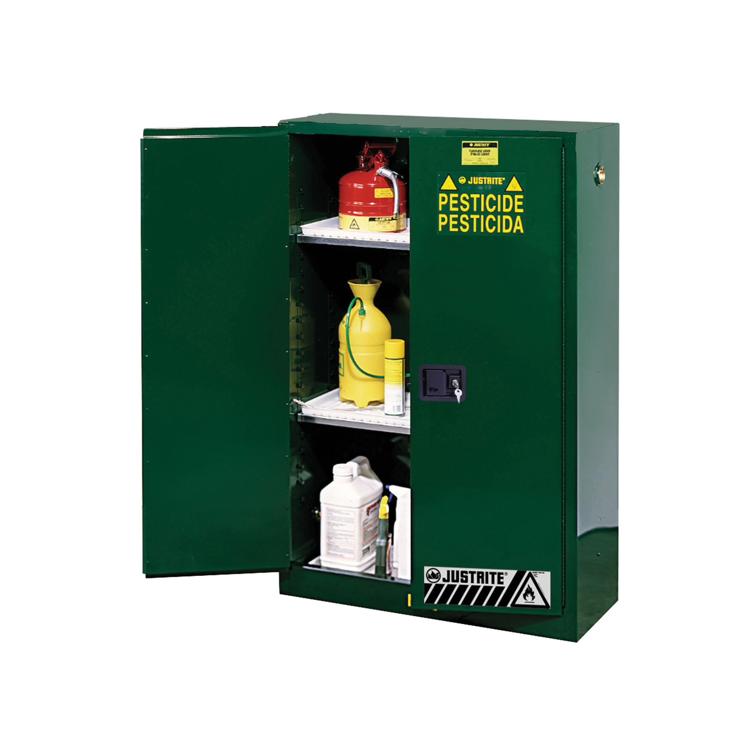 product Justrite® 892200 Sure-Grip® EX Slimline Flammable Safety Cabinet, 22 gal Capacity, U-Loc™ Handle, 65 in H x 23-1/4 in W x 18 in D, Manual Close Door, 1 Doors, 3 Shelves, Cold Rolled Steel, Yellow