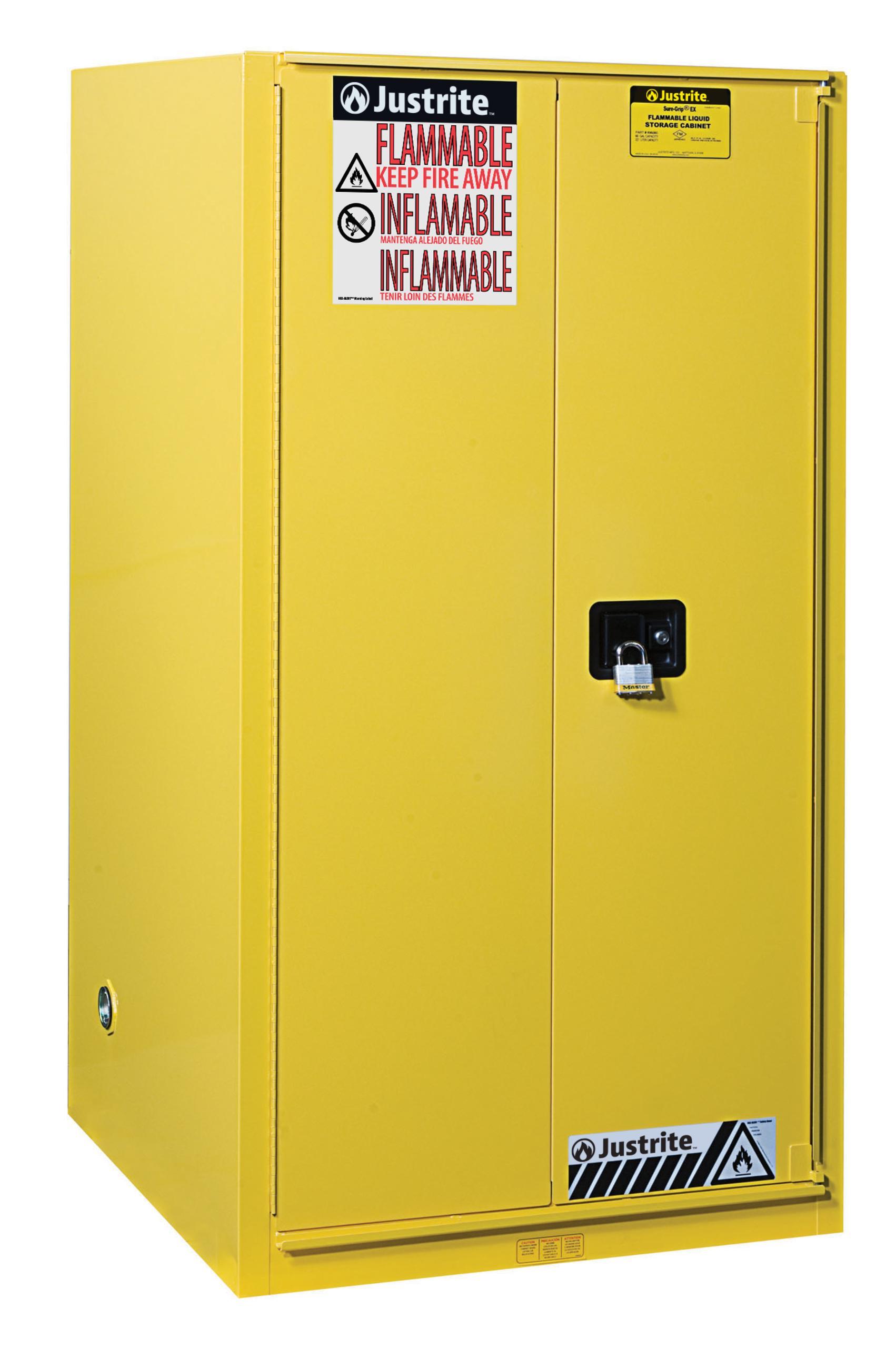 product Justrite® 893300 Sure-Grip® EX Standard Flammable Safety Cabinet, 30 gal Capacity, U-Loc™ Handle, 35 in H x 36 in W x 24 in D, Manual Close Door, 2 Doors, 1 Shelves, Cold Rolled Steel, Yellow