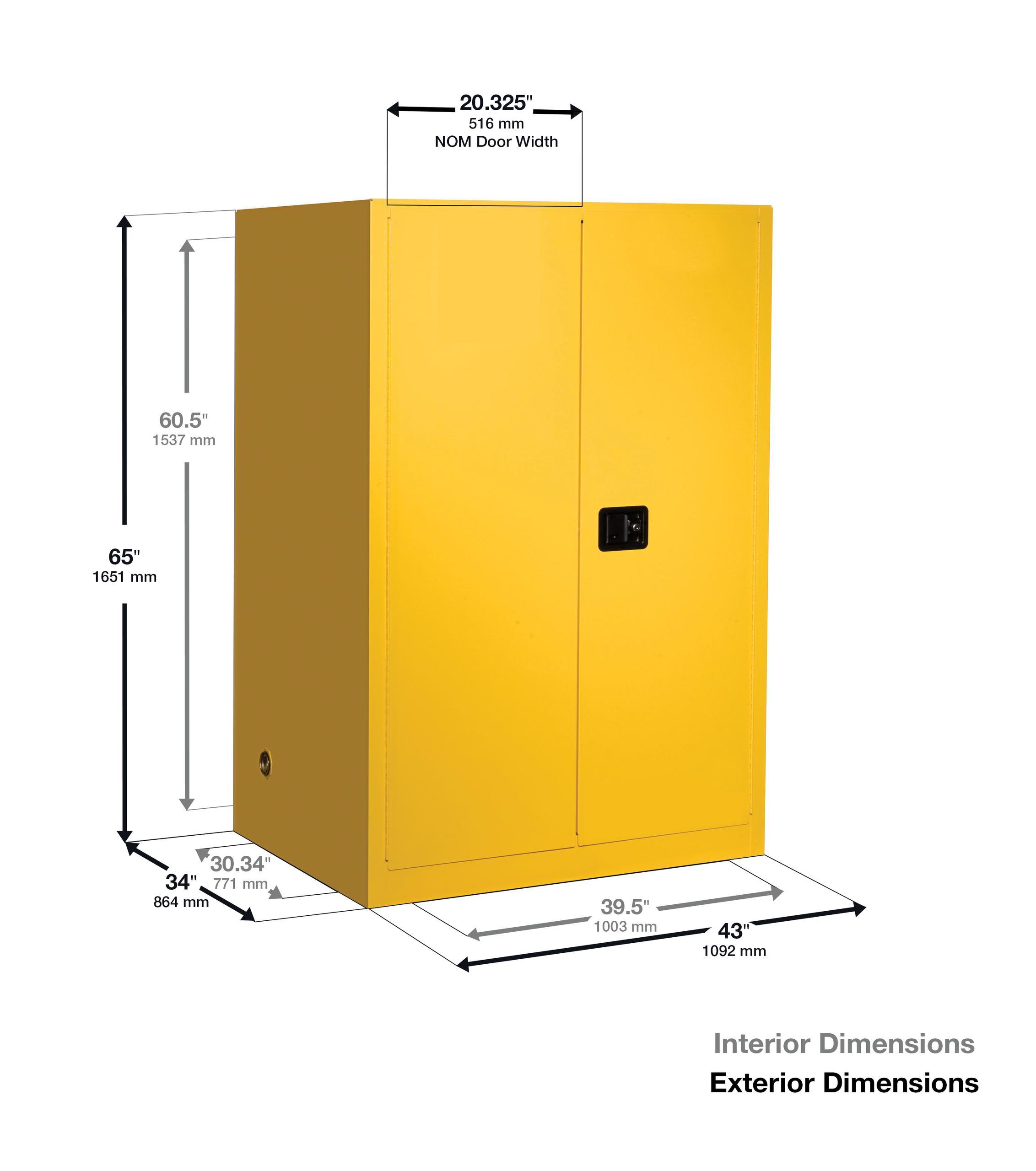 Justrite&reg; 899000 Sure-Grip&reg; EX Classic Flammable Safety Cabinet, 90 gal Capacity, Recessed Paddle Handle, 65 in H x 43 in W x 34 in D, Manual Close Door, 2 Doors, 2 Shelves, Cold Rolled Steel, Yellow