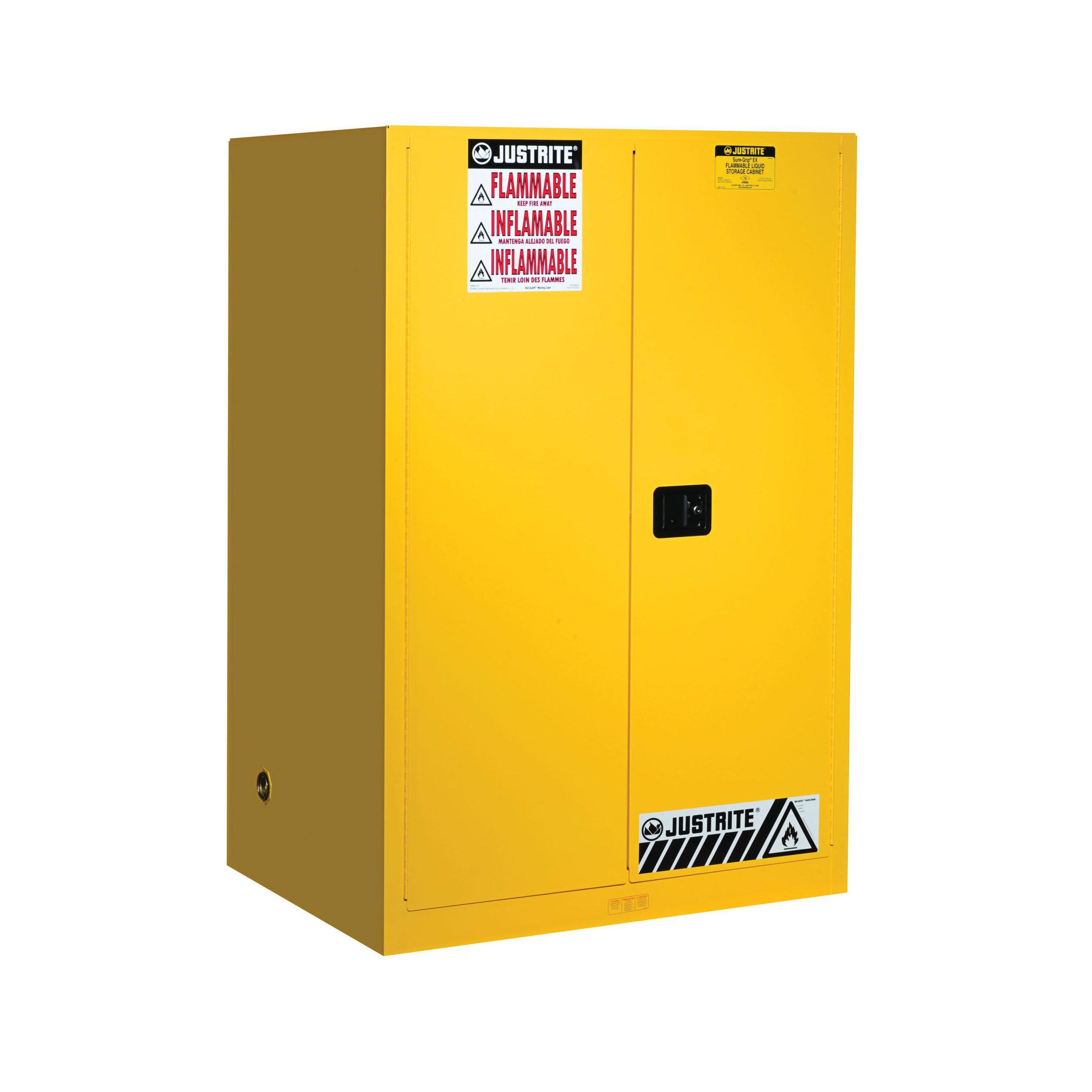 Justrite&reg; 899000 Sure-Grip&reg; EX Classic Flammable Safety Cabinet, 90 gal Capacity, Recessed Paddle Handle, 65 in H x 43 in W x 34 in D, Manual Close Door, 2 Doors, 2 Shelves, Cold Rolled Steel, Yellow