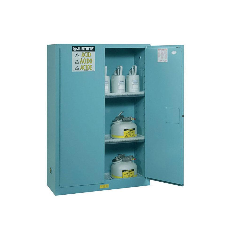 product Justrite&reg; 891702 Sure-Grip&reg; EX Piggyback Corrosive Safety Cabinet, 17 gal Capacity, 24 in H x 43 in W x 18 in D, Manual Close Door, 2 Doors, 1 Shelves, 18 ga Cold Rolled Steel, Blue, U-Loc&trade; Handle