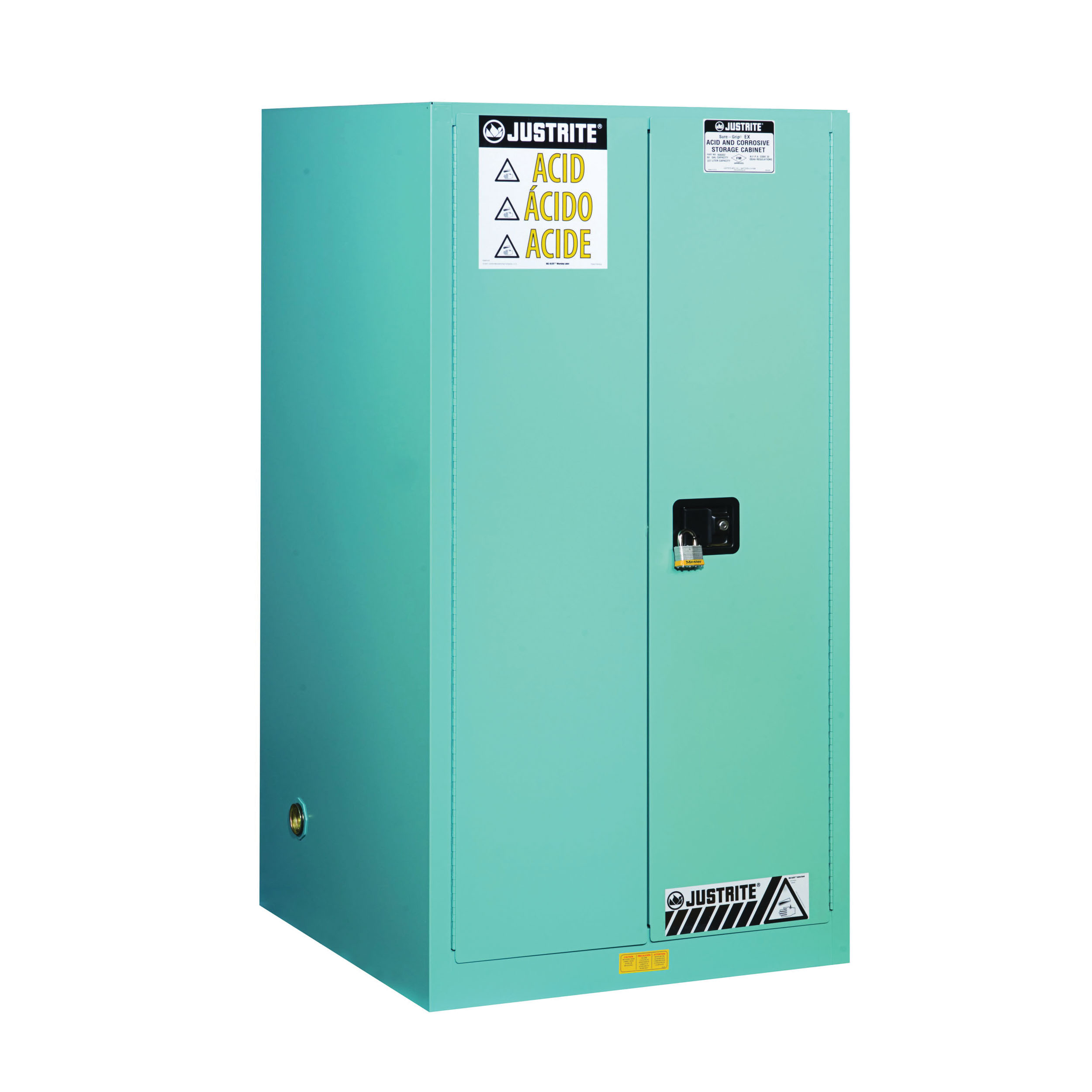 product Justrite&reg; 891722 Sure-Grip&reg; EX Piggyback Corrosive Safety Cabinet, 17 gal Capacity, U-Loc&trade; Handle, 24 in H x 43 in W x 18 in D, Self-Close Door, 2 Doors, 1 Shelve, 18 ga Cold Rolled Steel, Blue