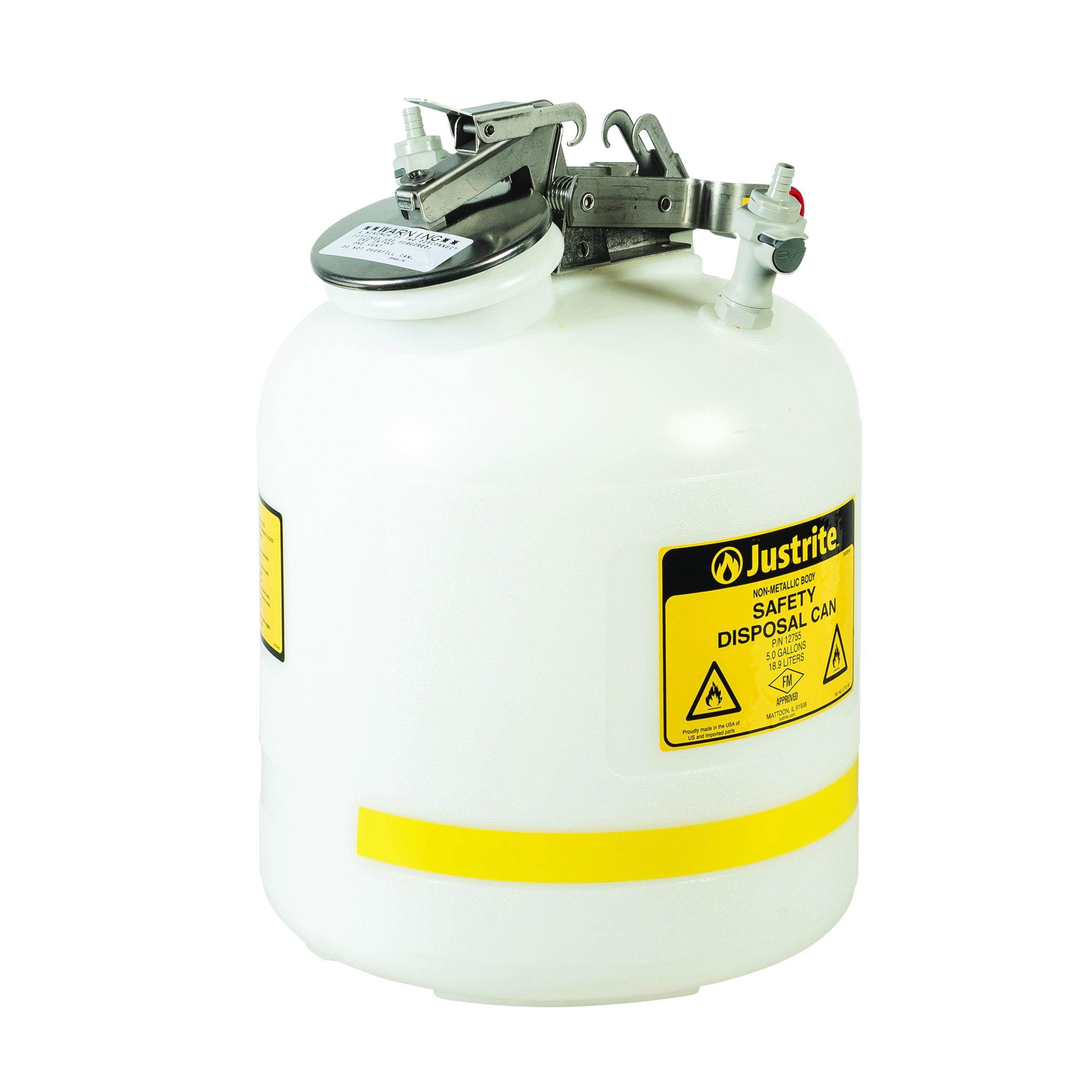product Justrite® 12260 Self-Closing Safety Container With Stainless Steel Hardware, 2.5 gal Capacity, 10-3/4 in Dia, 15-1/4 in H, Polyethylene, White