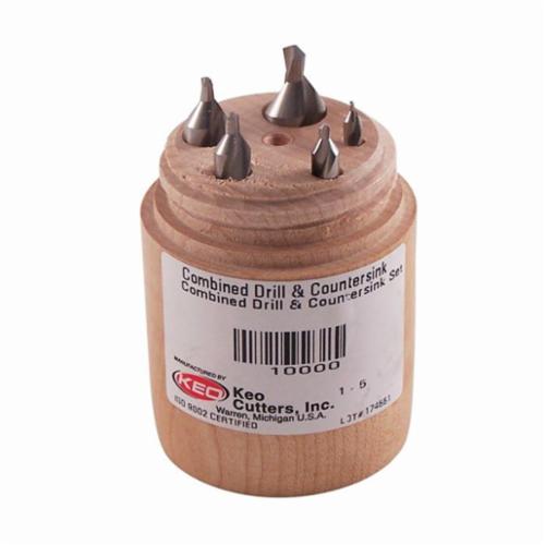 KEO 10000 Plain Standard Combined Drill and Countersink Set, #1 Min Trade Size, #5 Max Trade Size, 60 deg Included, 5 Pieces, HSS, Uncoated