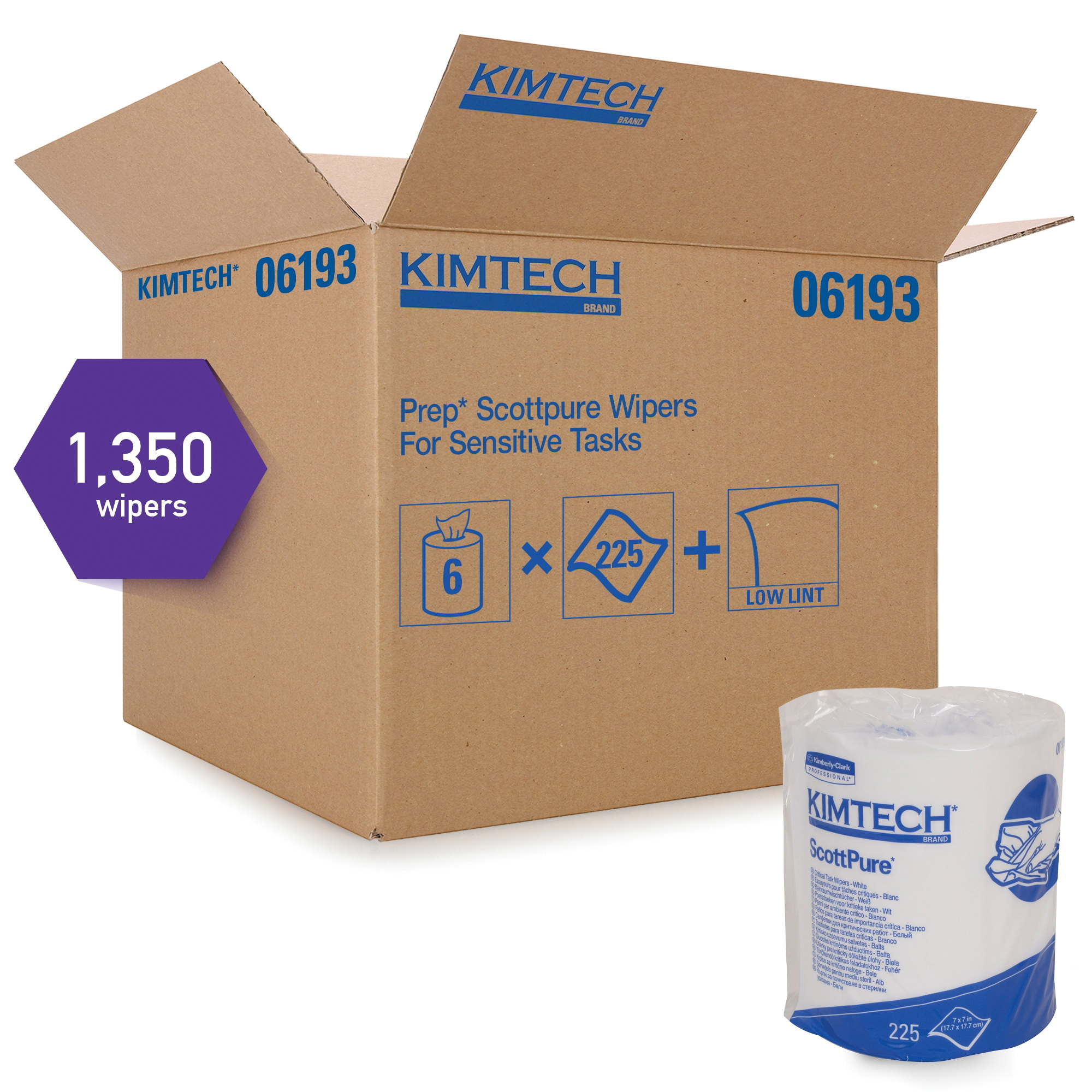 Kimtech* 06193 Critical Task Wiper, 7 in W, 225 Sheets Capacity, Polyester Spunlace/Rayon, White