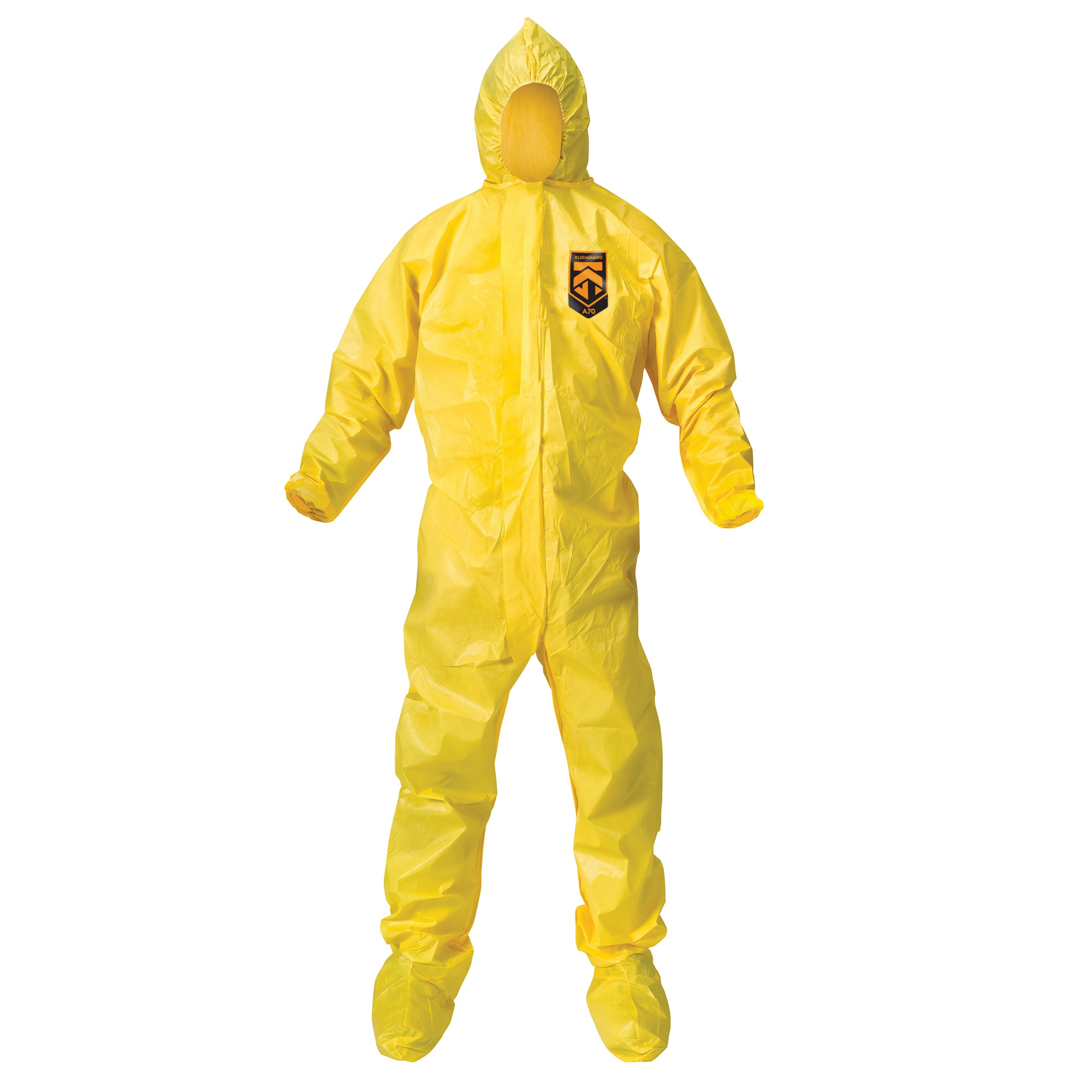 KleenGuard&trade; 00687 A70 Chemical Spray Protection Disposable Coverall, 4XL, Yellow, Polyethylene Film/Spunbond Polypropylene, 27 in Chest, 29-3/4 in L Inseam