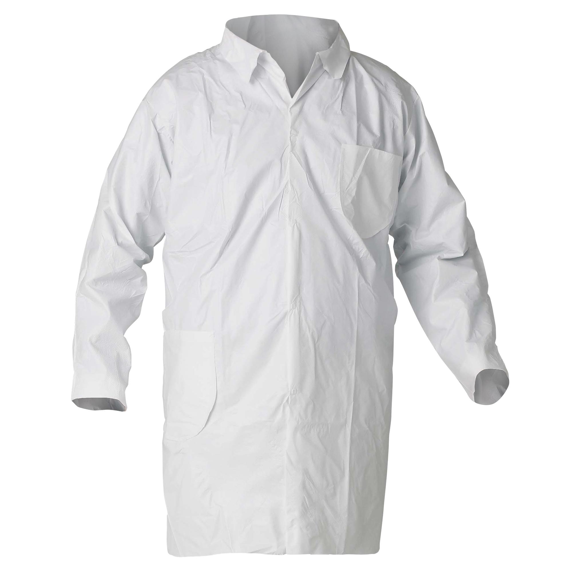 Keystone&reg; Adjustable Cap LC0-WE-KG-LRG Disposable Lab Coat, L, White, KeyGuard&reg; Fabric, 40 in L, Front Snap Closure, ANSI Specified