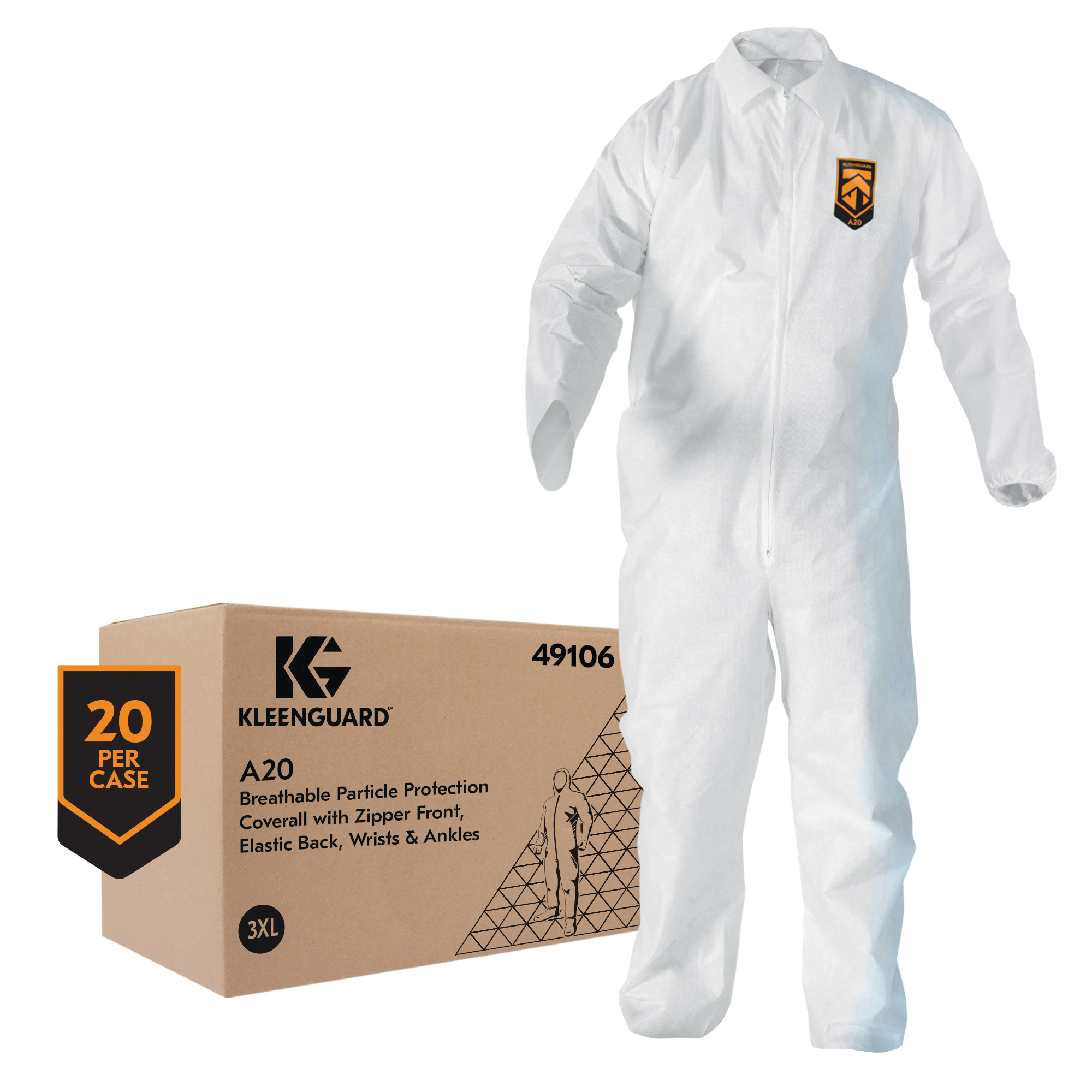 KleenGuard™ 49007 A20 Breathable Lightweight Disposable Coverall, 4XL, White, SMS Fabric, 32-3/4 in Chest, 42 in L Inseam