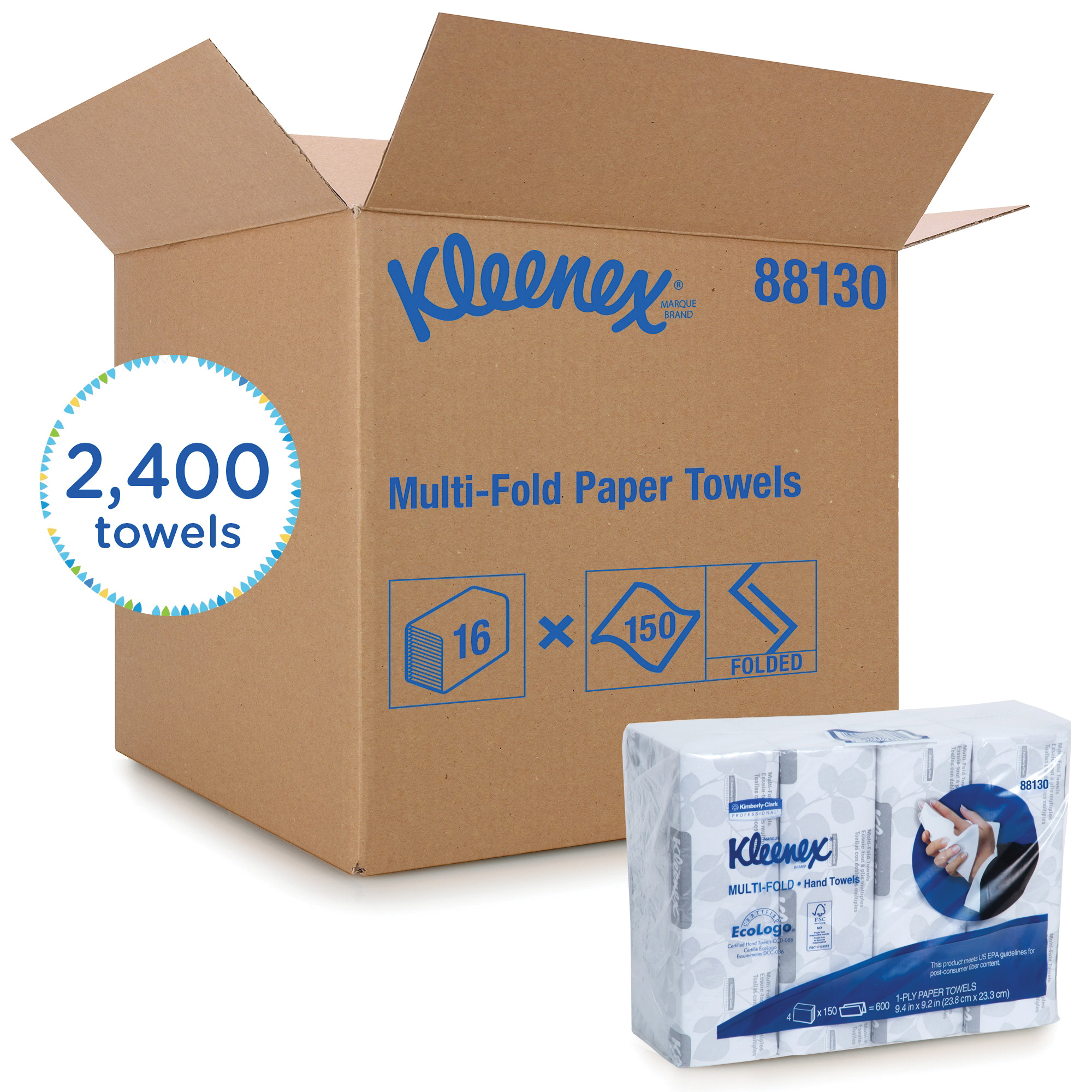 Kleenex&reg; 88130 Multi-Fold Towel, 150 Sheets, 1 Plys, Paper, White, 9.2 in W