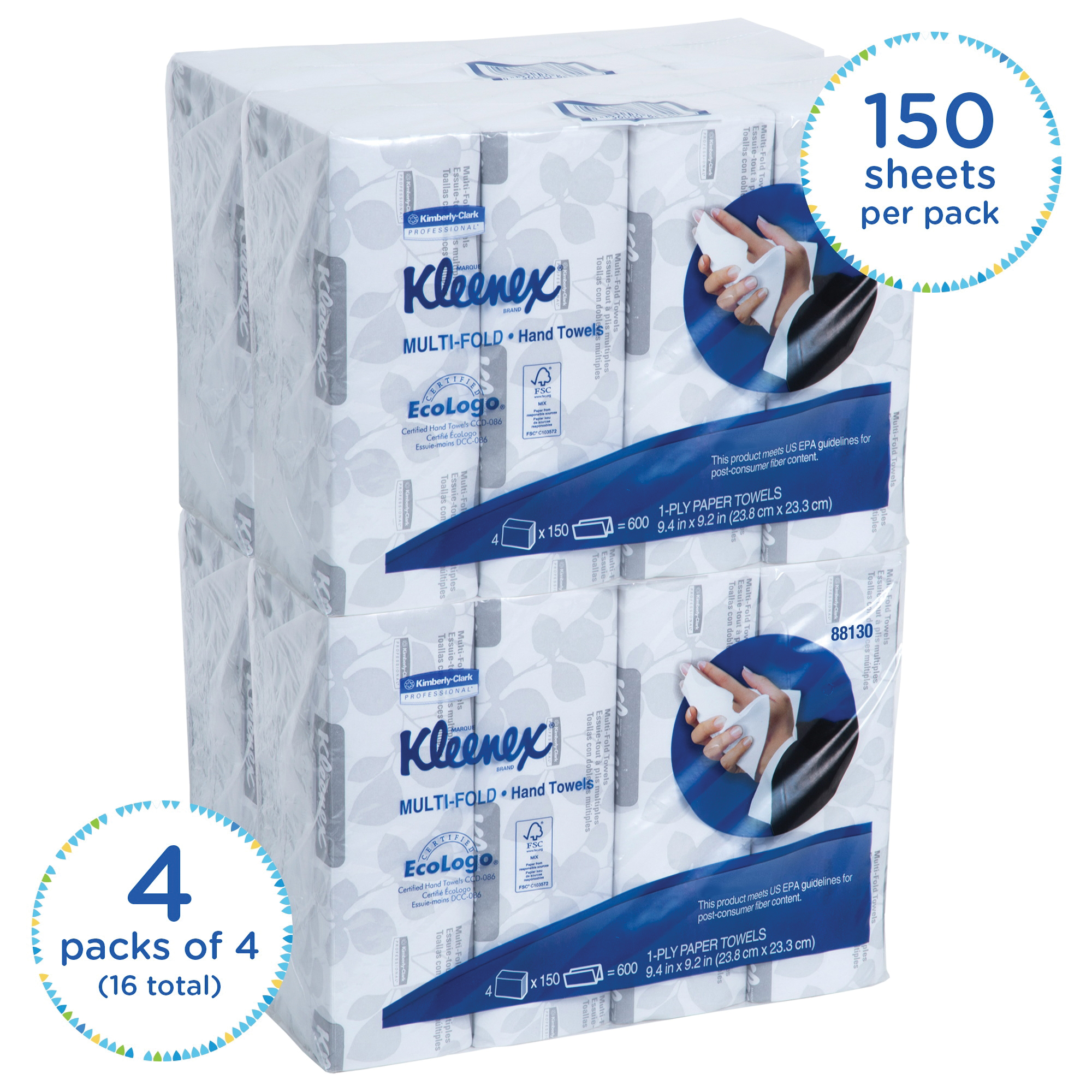Kleenex&reg; 88130 Multi-Fold Towel, 150 Sheets, 1 Plys, Paper, White, 9.2 in W