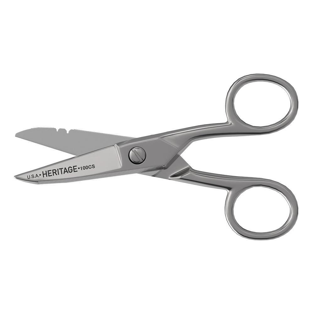 Klein&reg; Heritage Cutlery&trade; 100CS Electrician's Scissor With Stripping, 1-7/8 in L of Cut, 5-1/4 in OAL, Serrated Edge, Carbon Steel Blade, Metal Handle, Right Hand