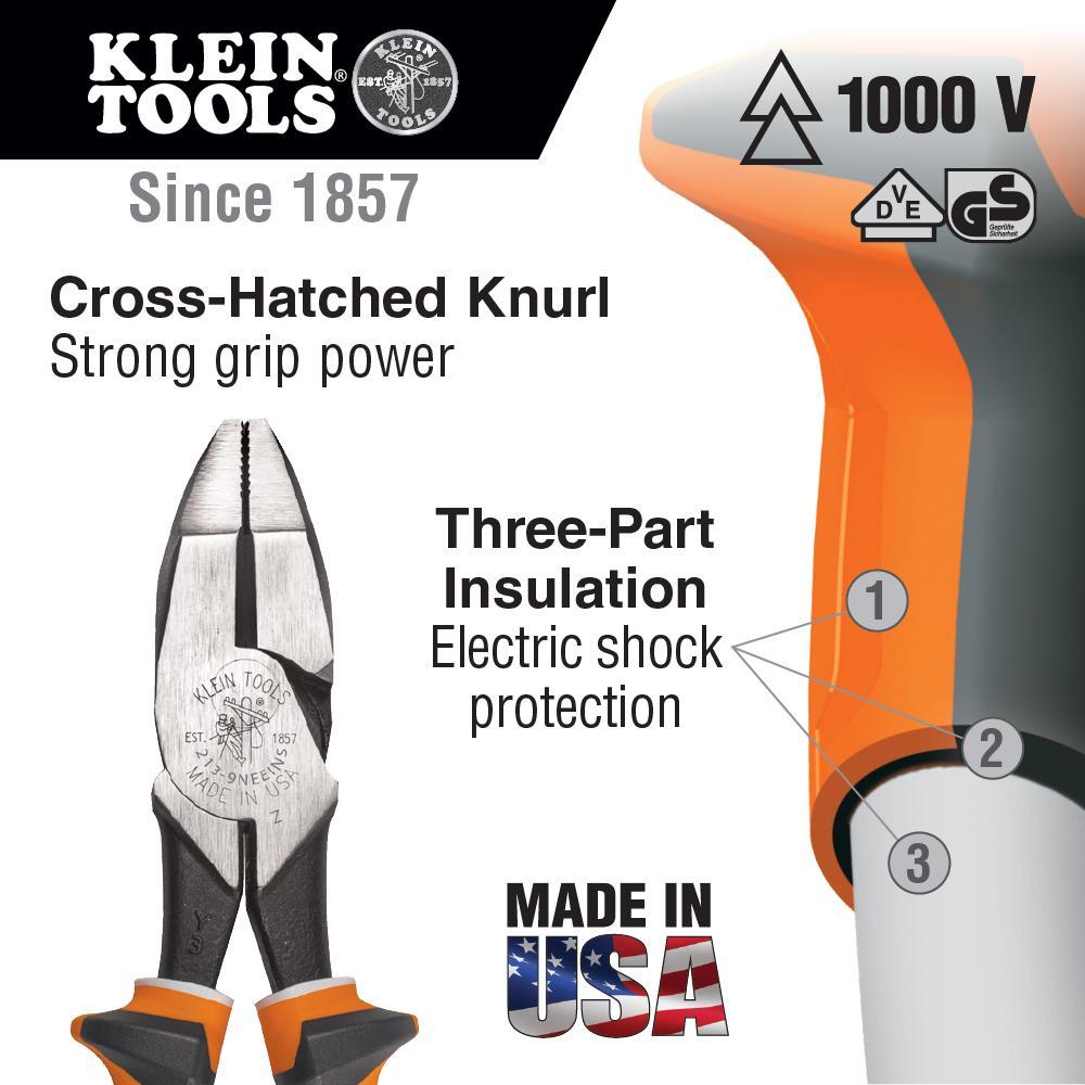 Klein&reg; 20009NEEINS Heavy Duty New England Nose Cutting Plier, 1.594 in L x 1.313 in W x 5/8 in THK Jaw Steel Jaw Partially Serrated Jaw, 9.53 in OAL, ASTM Specified