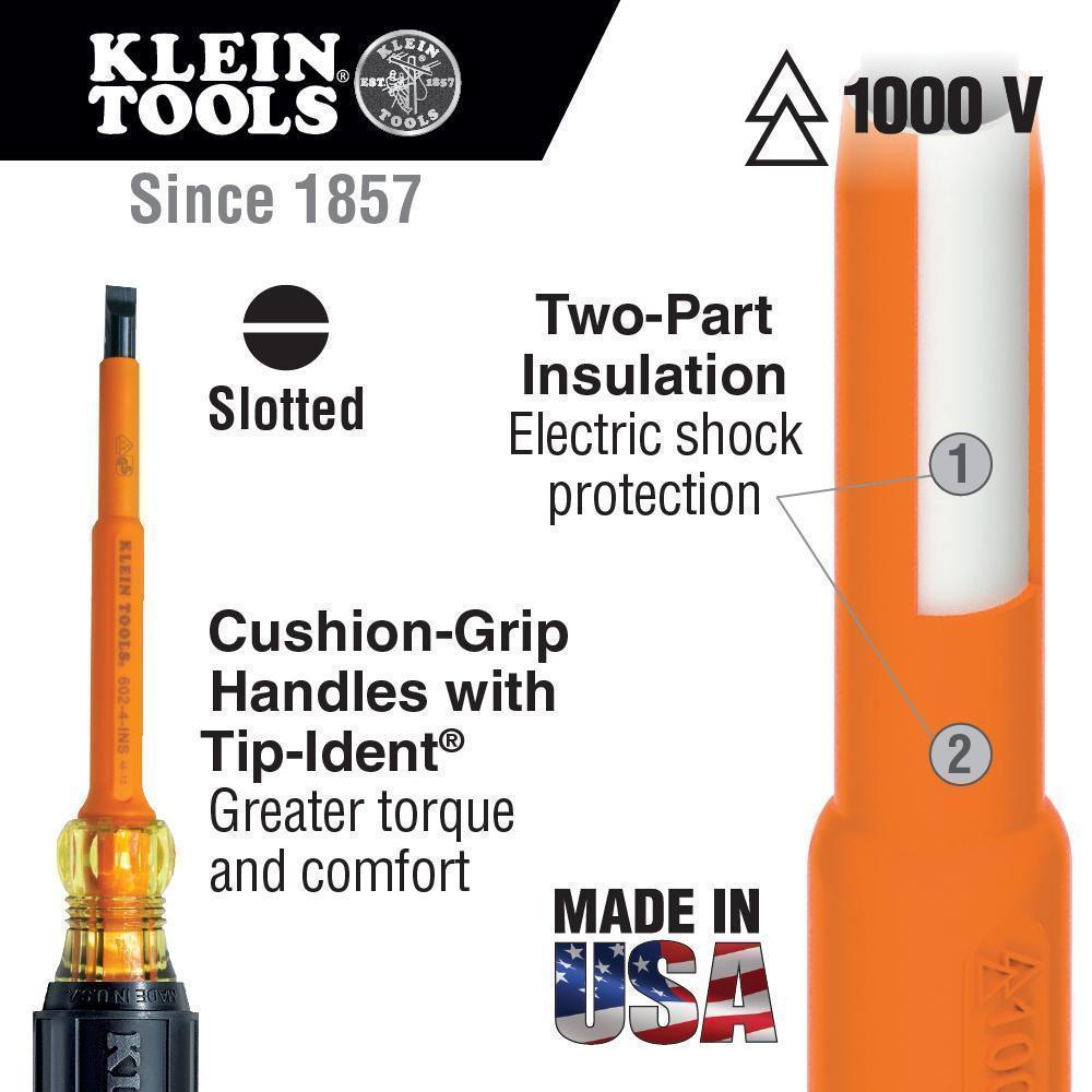 product Klein® Cushion-Grip® 601-3 Screwdriver, 3/16 in Cabinet Point, Steel Shank, 6-3/4 in OAL, Rubber Handle, Polished Chrome, ANSI/ASME Specified