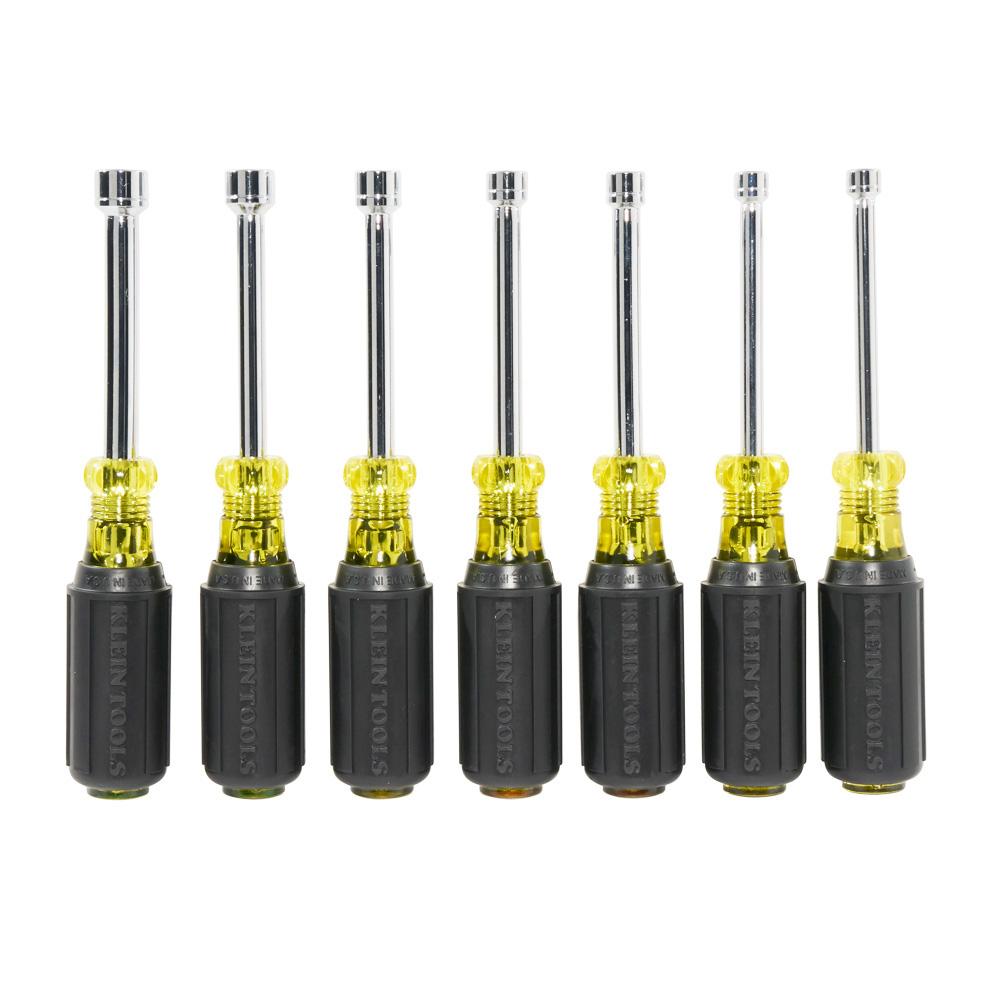 product Klein® 631M Magnetic Nutdriver Set, 3/16 to 1/2 in, 7 Pieces, 6-3/4 to 7-5/16 in OAL, Cushion Grip Handle, Steel
