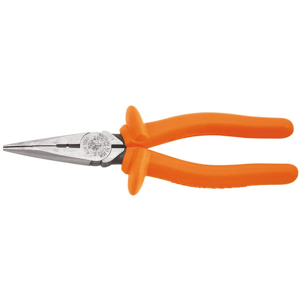 Klein&reg; D203-8-INS Standard Long Nose Plier, Knurled Induction Hardened Steel Jaw, 2.313 in L x 1 in W Jaw, 8.91 in OAL