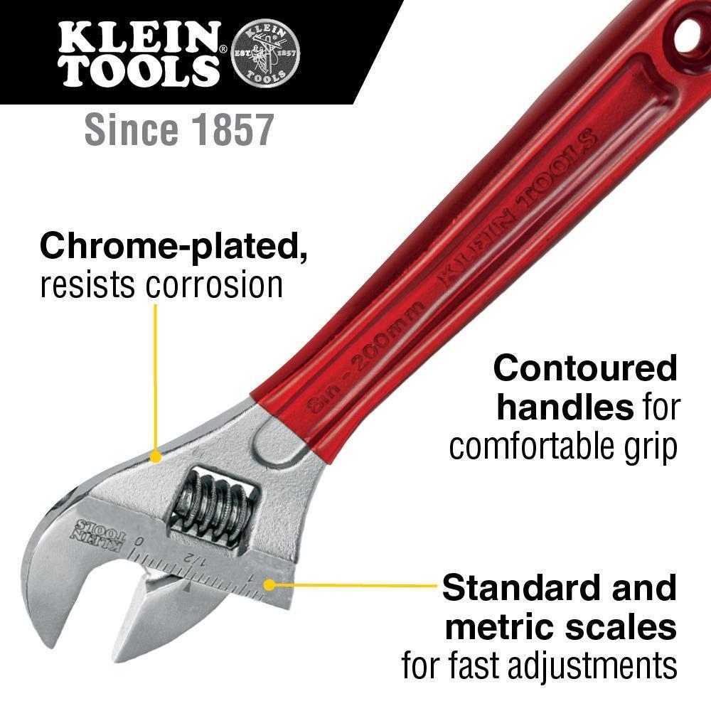 product Klein® D507-10 Extra Capacity Non-Insulated Adjustable Wrench, 1-5/16 in, Polished Chrome, 10-1/4 in OAL, Forged Alloy Steel Body, Forged Alloy Steel