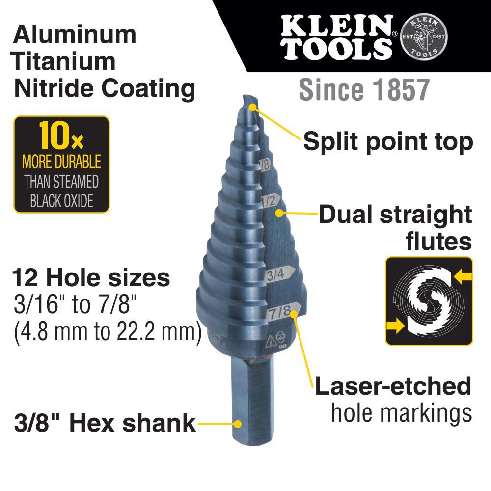 Klein&reg; KTSB14 Step Drill Bit, 3/16 in Dia Min Hole, 7/8 in Dia Max Hole, Steel, 3/8 in Shank