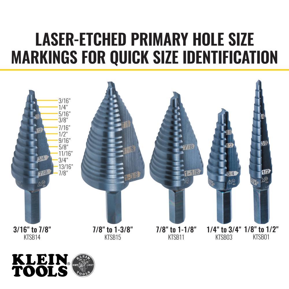 Klein&reg; KTSB14 Step Drill Bit, 3/16 in Dia Min Hole, 7/8 in Dia Max Hole, Steel, 3/8 in Shank