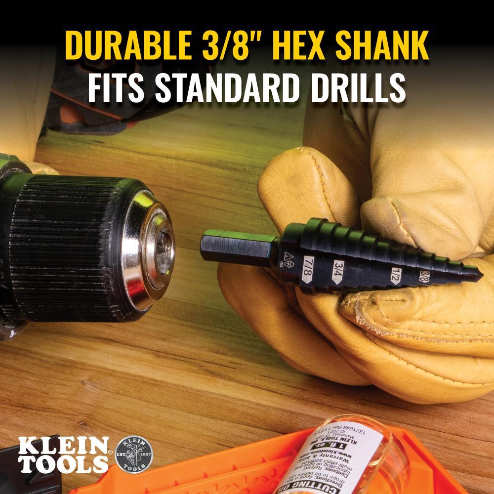 Klein&reg; KTSB14 Step Drill Bit, 3/16 in Dia Min Hole, 7/8 in Dia Max Hole, Steel, 3/8 in Shank