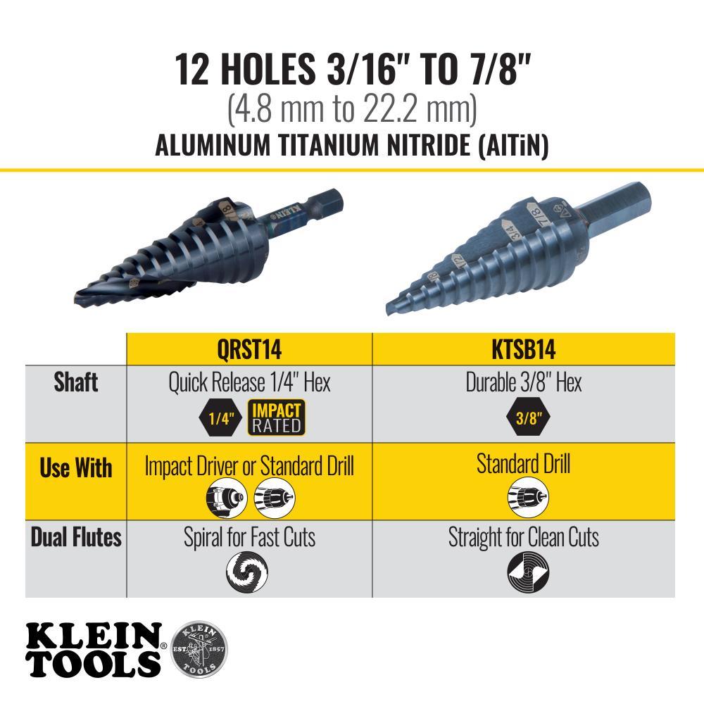 Klein&reg; KTSB14 Step Drill Bit, 3/16 in Dia Min Hole, 7/8 in Dia Max Hole, Steel, 3/8 in Shank