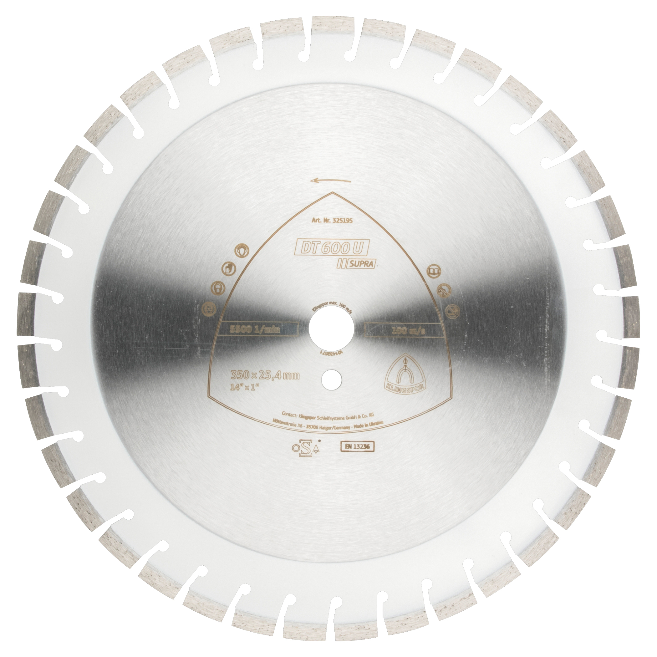 Klingspor&reg; 325200 DT 600 U Supra Large Laser Welded Short Segment Diamond Blade, 450 mm Dia Blade, 9/64 in W Cutting, 30 mm Arbor/Shank