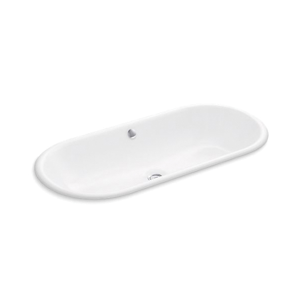 Kohler® 20213-0 Iron Plains® Capsule Wading Pool® Bathroom Sink With Overflow Drain, Elongated Oval Shape, 33 in W x 15-5/8 in D x 6-11/16 in H, Drop-In/Under Mount, Enameled Cast Iron, White, Domestic