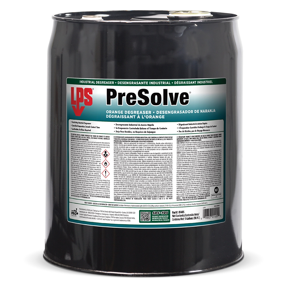 LPS&reg; 01405 PreSolve&reg; Industrial Degreaser, 5 gal Pail, Liquid, Clear/White, Orange