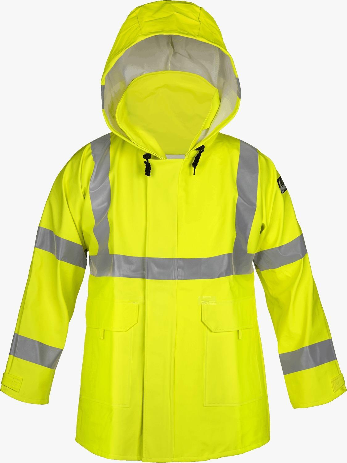 Lakeland Fire + Safety&reg; AJPU10LY-XL AJPU10 Rain Jacket, XL, Hi-Viz Yellow, PU, 44 to 46 in Chest, Resists: Arc Flash, Chemical, Flash Fire, ANSI 107-2015, Type R, Class 3, ASTM F1891/F2733/F903, CAT 2, NFPA 70E
