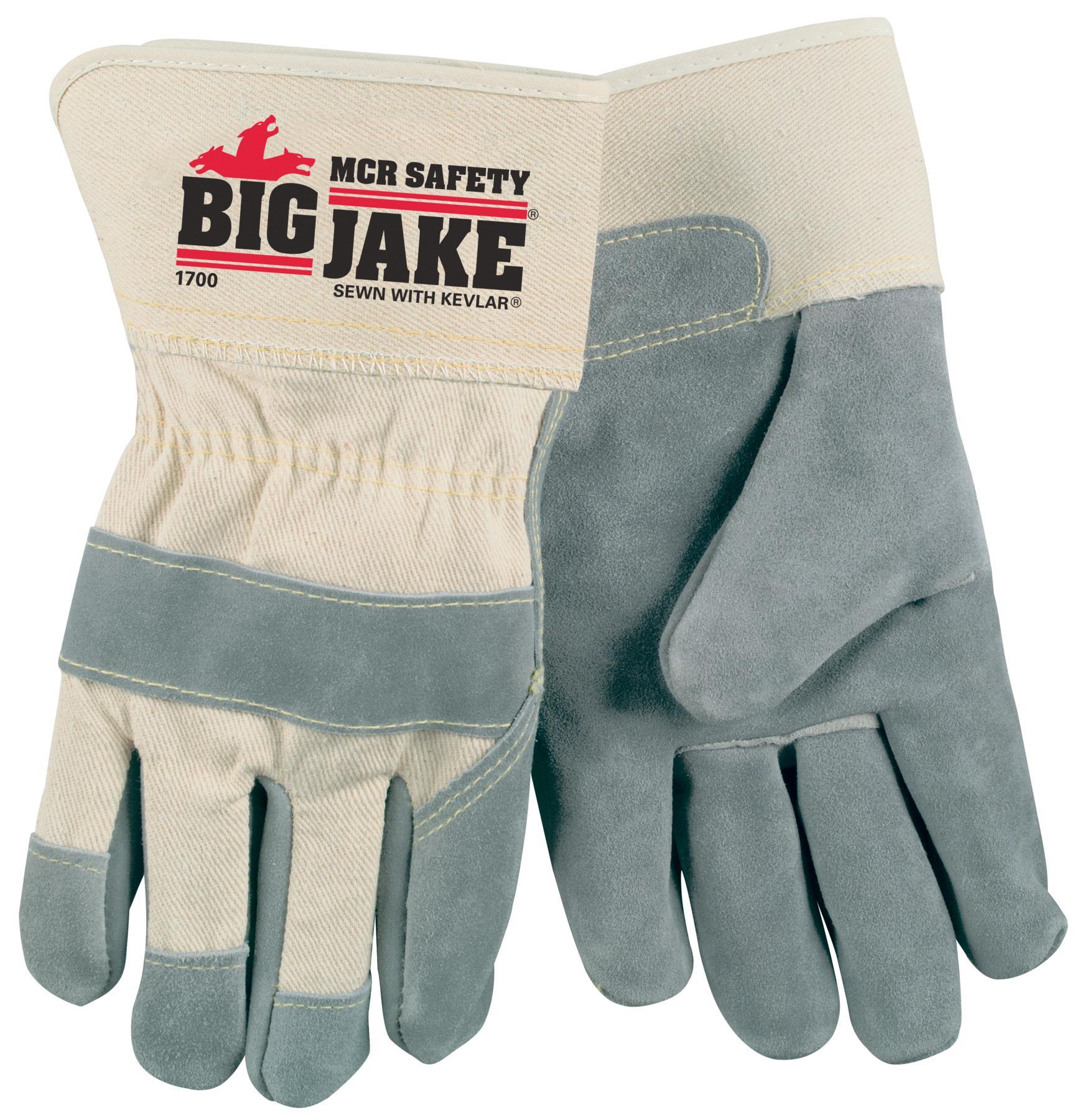 MCR Safety 1211J Economy Grade General Purpose Gloves, Leather Palm, Gunn Pattern/Standard Finger/Wing Thumb Style, L, Cowhide Leather Palm, Cowhide Leather, Gray, Rubberized Safety Cuff, Resists: Abrasion and Puncture, Fleece Lining