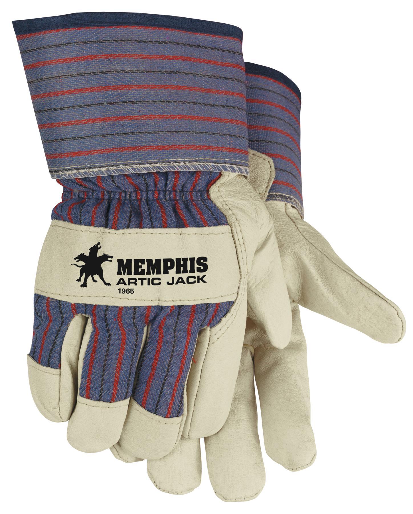 MCR Safety 1921L Economy Grade General Purpose Gloves, Leather Palm, Gunn Pattern/Standard Finger/Wing Thumb Style, L, Pig Skin Leather Palm, Pigskin Leather, Black Fabric/Blue/Gray/Red, Rubberized Safety Cuff, Resists: Abrasion, Fleece Lining