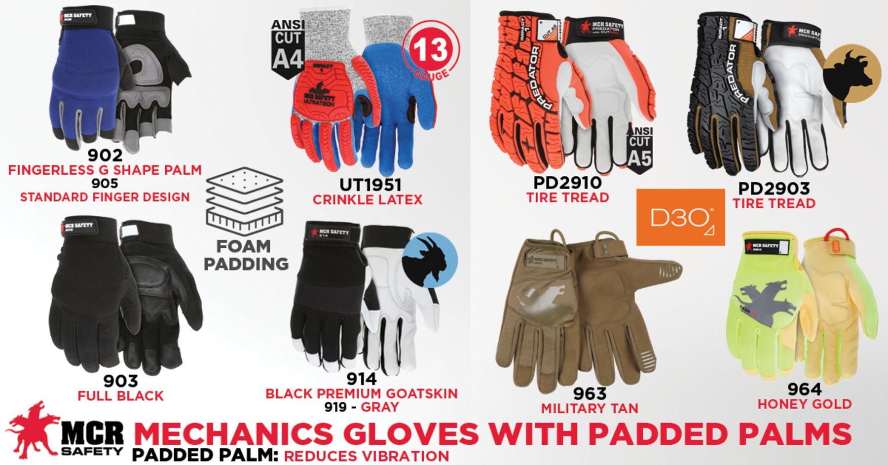 MCR Safety 902L FasGuard&trade; 902 Premium Grade General Purpose Gloves, Work, Fingerless/Gunn Cut/Wing Thumb Style, Suede Synthetic Leather Palm, 7 ga Cotton/Nylon/Polyester/Spandex&reg;, Black/Blue Fabric/Red Logo, Elastic Wrist Cuff, Uncoated Coating, Resists: