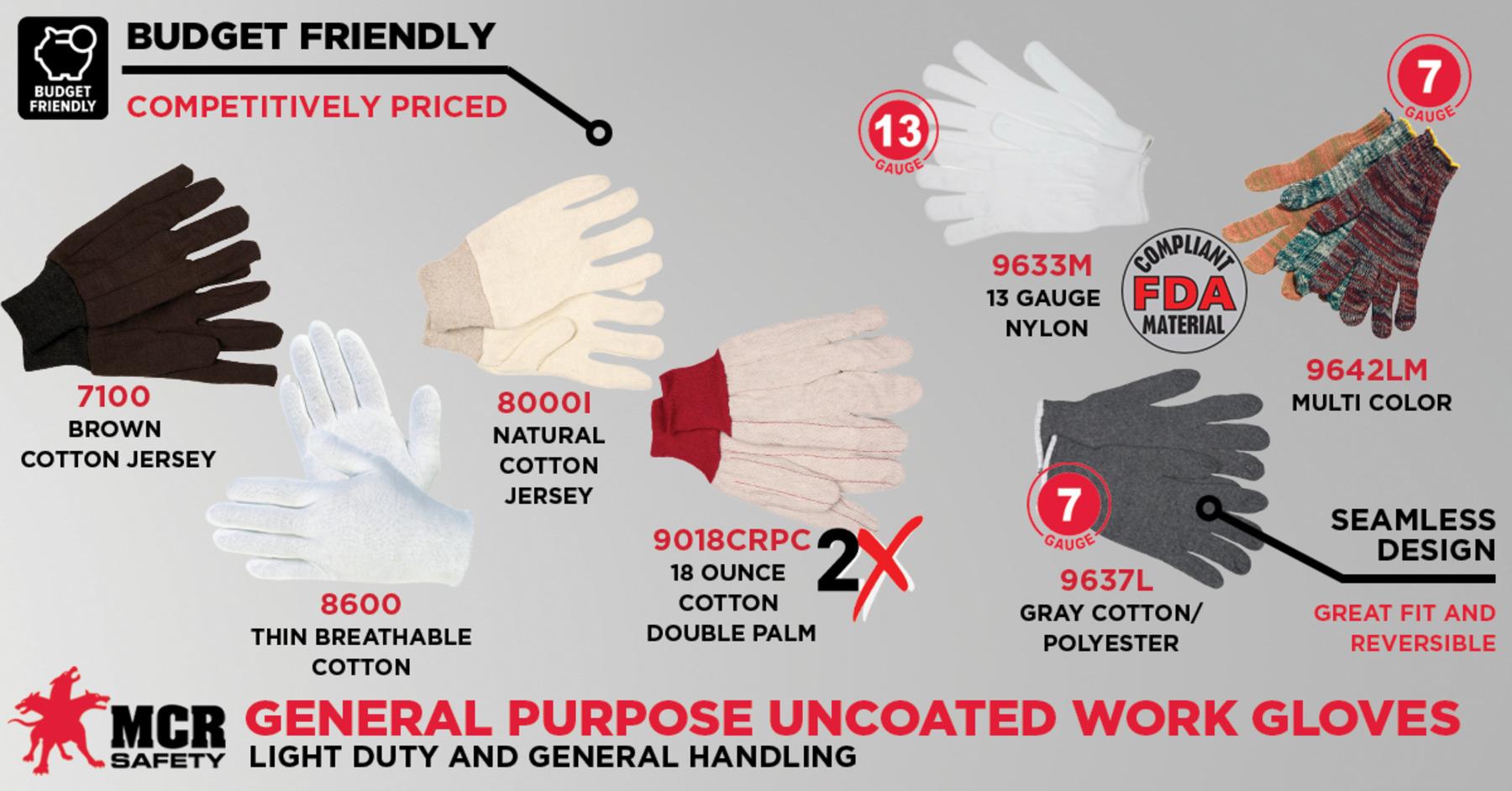 MCR Safety 8600 Lightweight Inspectors Gloves, L, 7 ga 35% Cotton/65% Polyester, White, Straight Thumb Style, Paired Hand, 8-1/2 in L