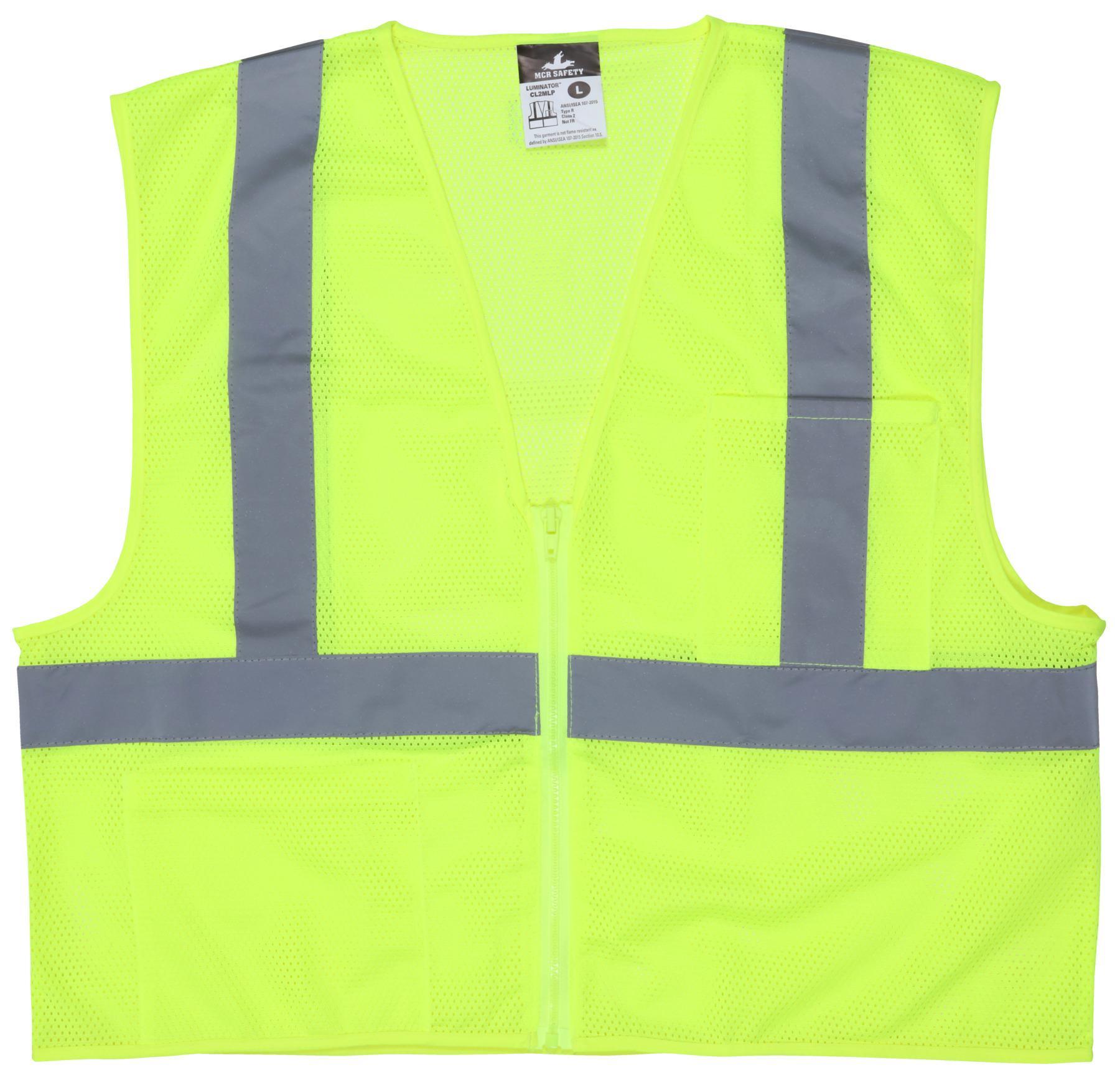 MCR Safety V2CL2MLX4 Luminator® Standard Safety Vest, 4X, Fluorescent Lime, Polyester, Hook and Loop Front Closure, ANSI Class: Class 2, ANSI/ISEA 107-2020 Type R