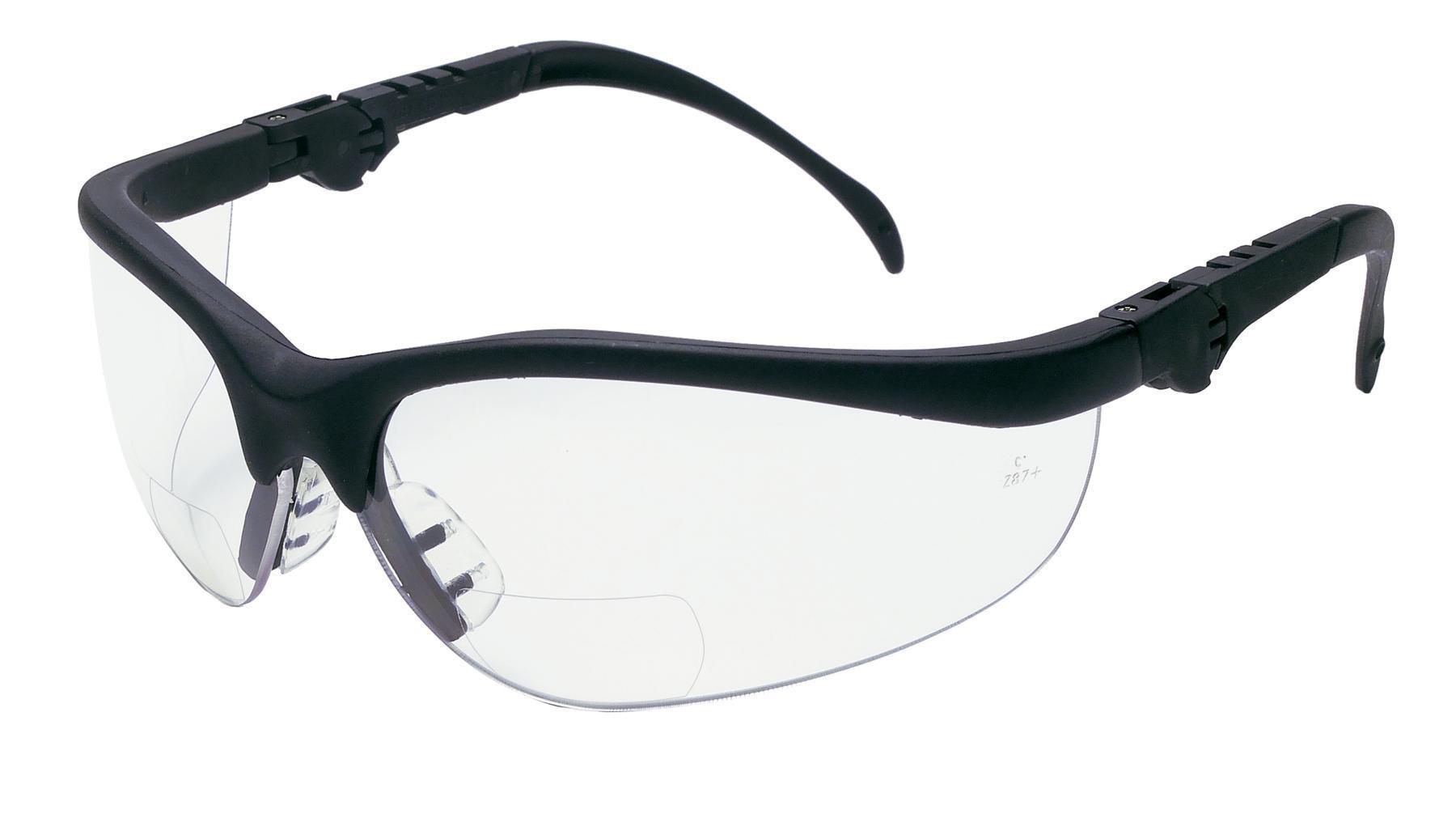 MCR Safety K3H25 Klondike&reg; Plus Magnifier RX&trade; Option Bi-Focal Dual Lens Safety Reading Glasses, 2.5 Diopter, Clear Lens, Black, Nylon Frame, Polycarbonate Lens, Yes % UV Protection, ANSI Z87+, CE EN166 ISO 12312-1