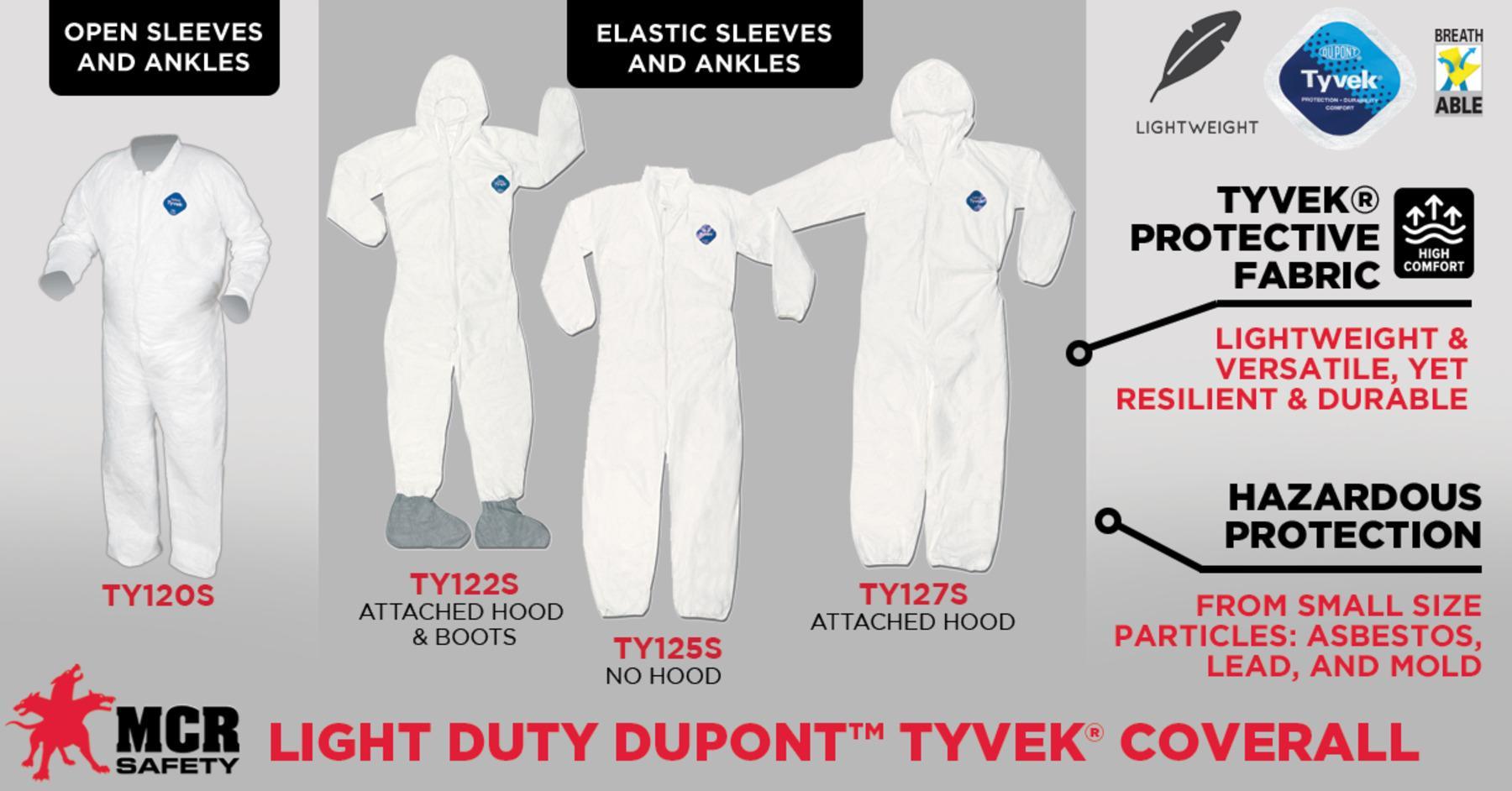 MCR Safety TY127SX3 Disposable Garment With Elastic Sleeves, 3XL, White, DuPont&trade; Tyvek&reg;, 62 in Chest, 32 in L Inseam