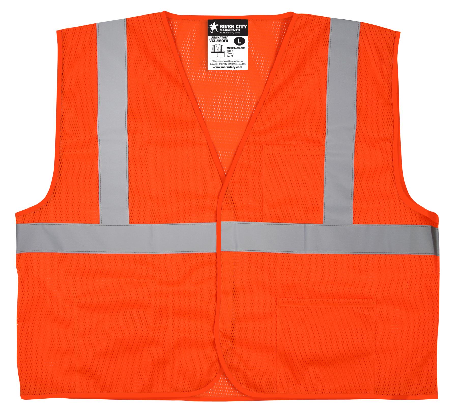 MCR Safety VCL2MOFRL Luminator&trade; VCL2MOFR Economy Grade Safety Vest, L, Hi-Viz Fluorescent Orange, Polyester Mesh, Hook and Loop Closure, 3 Pockets, ANSI Class: Class 2, NFPA 1977, ANSI 107-2015 Type R, ASTM D6413