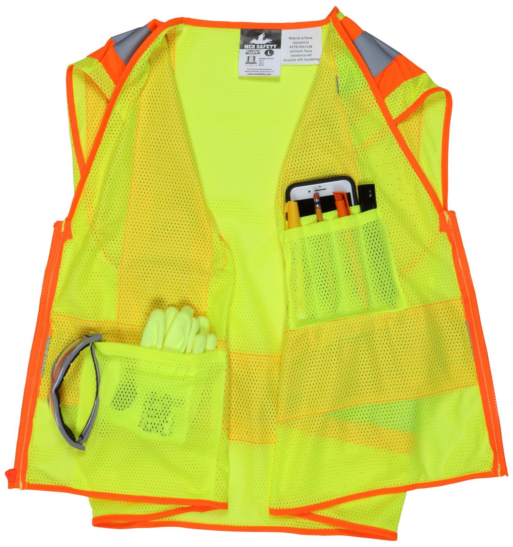 MCR Safety WCCL2LFRM Luminator&trade; WCCL2LFR Safety Vest, M, Hi-Viz Fluorescent Lime, Polyester Mesh, Non-Conductive Zipper Closure, 2 Pockets, ANSI Class: Class 2, ANSI/ISEA 107-2015 Type R