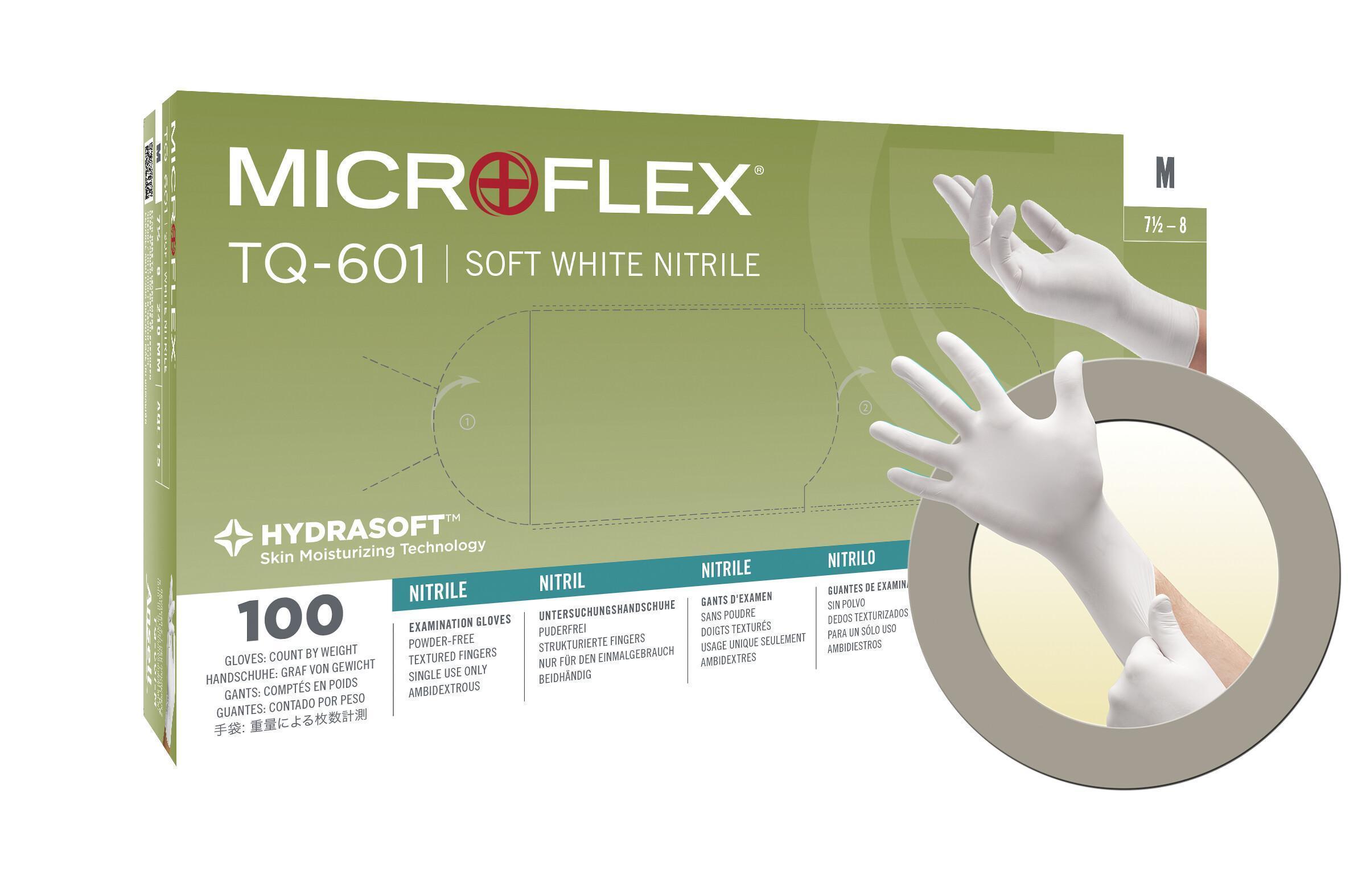 Microflex&reg; TQ-601-XL Non-Sterile Single Use Disposable Gloves, XL, Nitrile, White, 9-1/2 in L, Non-Powdered, Textured Finger, 2.4 mil THK, Application Type: Exam/Medical Grade, Ambidextrous Hand