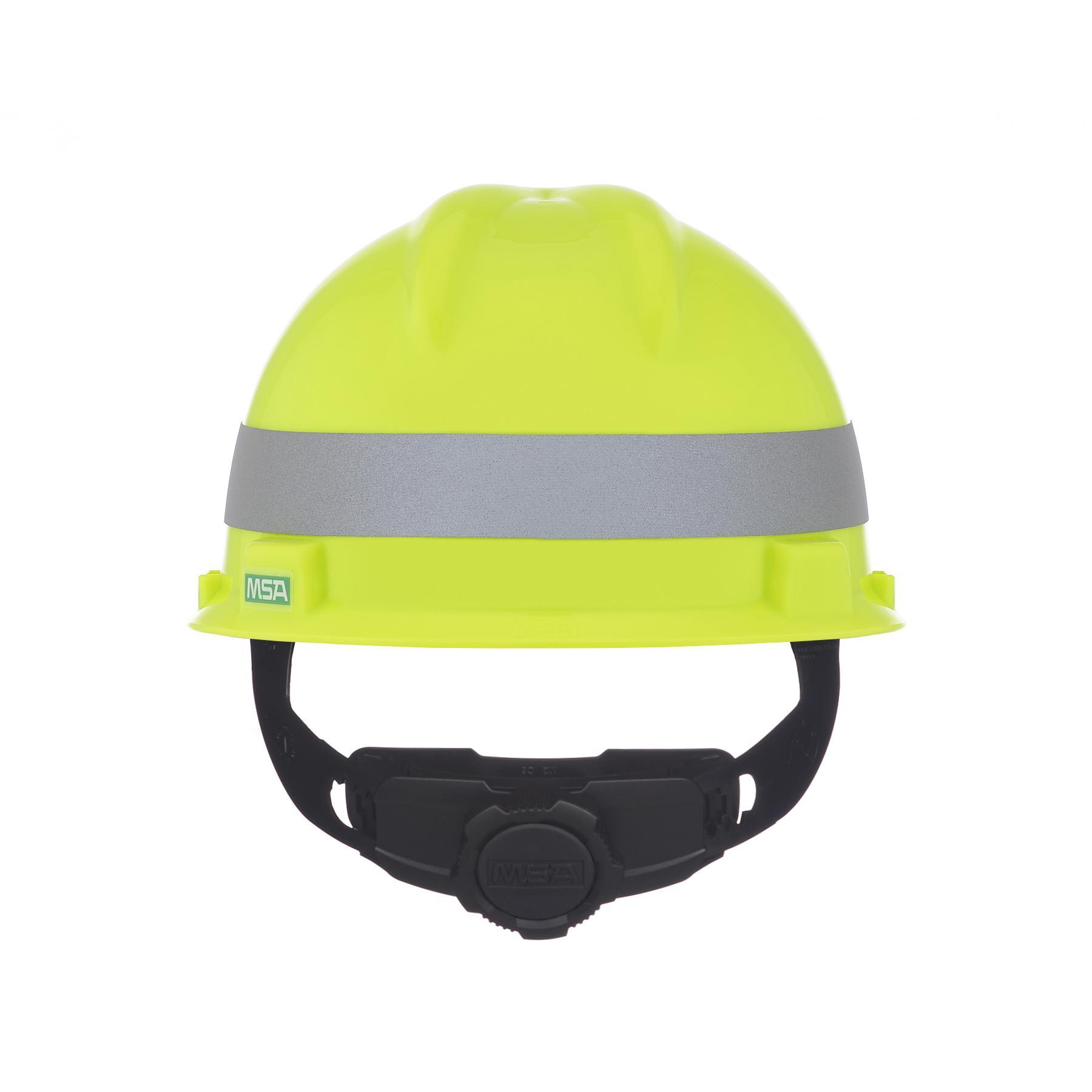MSA V-Gard&reg; 10102194 Front Brim Hard Hat, 6-1/2 Fits Mini Hat, 8 Fits Max Hat, Polyethylene, 4-Point Suspension, ANSI Electrical Class Rating: Class E, ANSI Impact Rating: Type I, Ratchet Adjustment