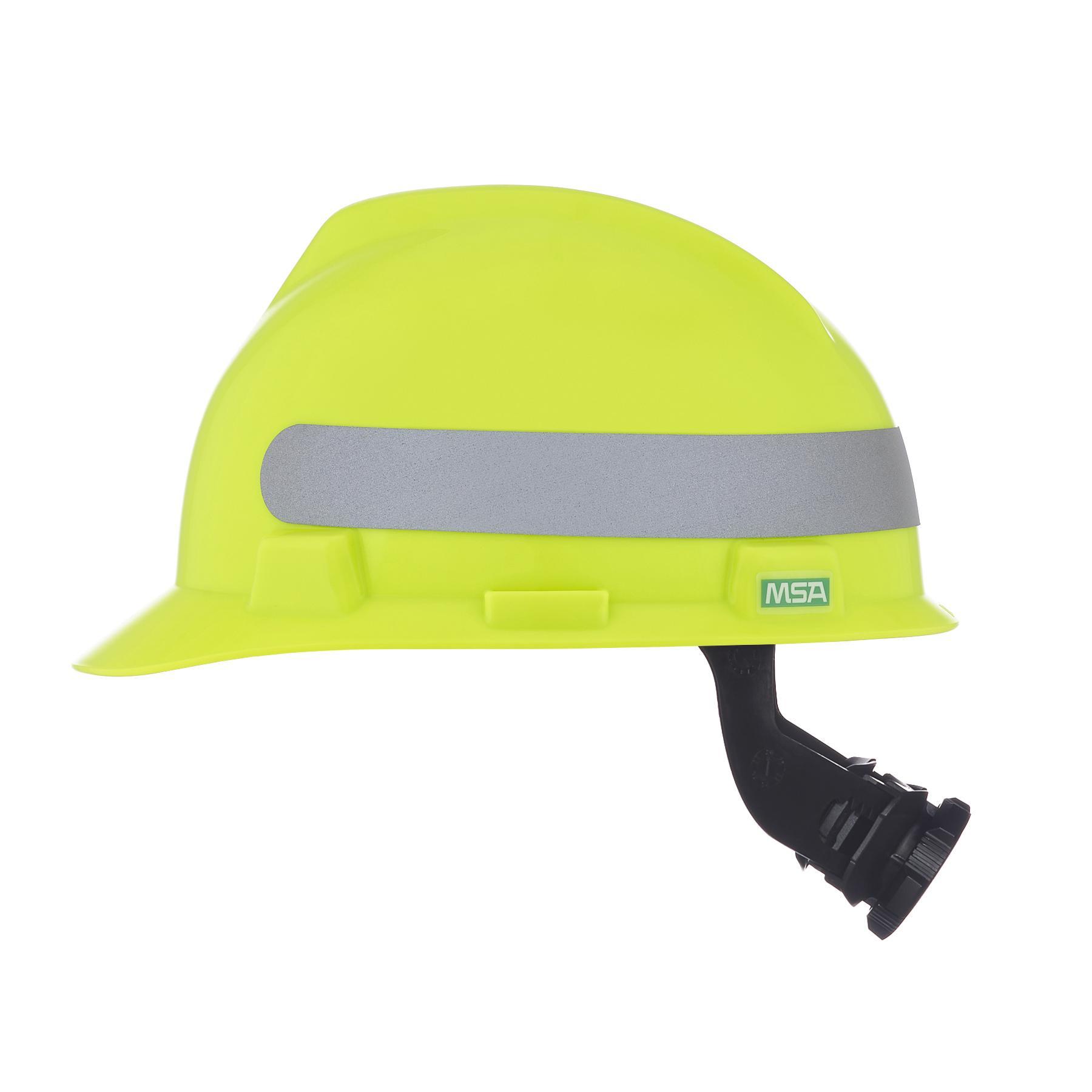 MSA V-Gard&reg; 10102194 Front Brim Hard Hat, 6-1/2 Fits Mini Hat, 8 Fits Max Hat, Polyethylene, 4-Point Suspension, ANSI Electrical Class Rating: Class E, ANSI Impact Rating: Type I, Ratchet Adjustment