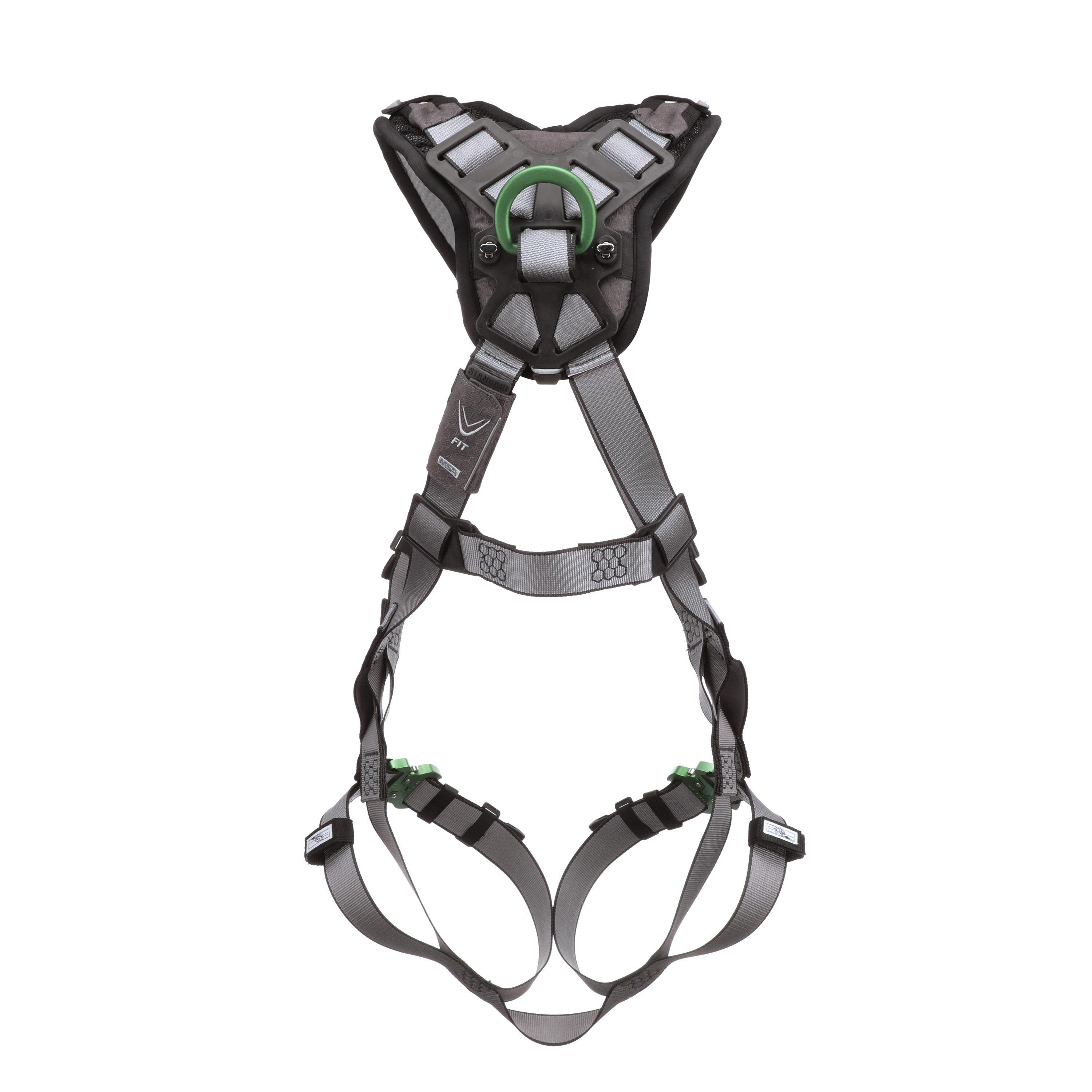 MSA V-FIT 10194630 Full Body Standard Safety Harness, Standard, 130 to 310 lb, 400 lb Load, Polyester Strap, Quick-Connect Leg Strap Buckle, Anodized Forged Aluminum/Stainless Steel Hardware, Gray