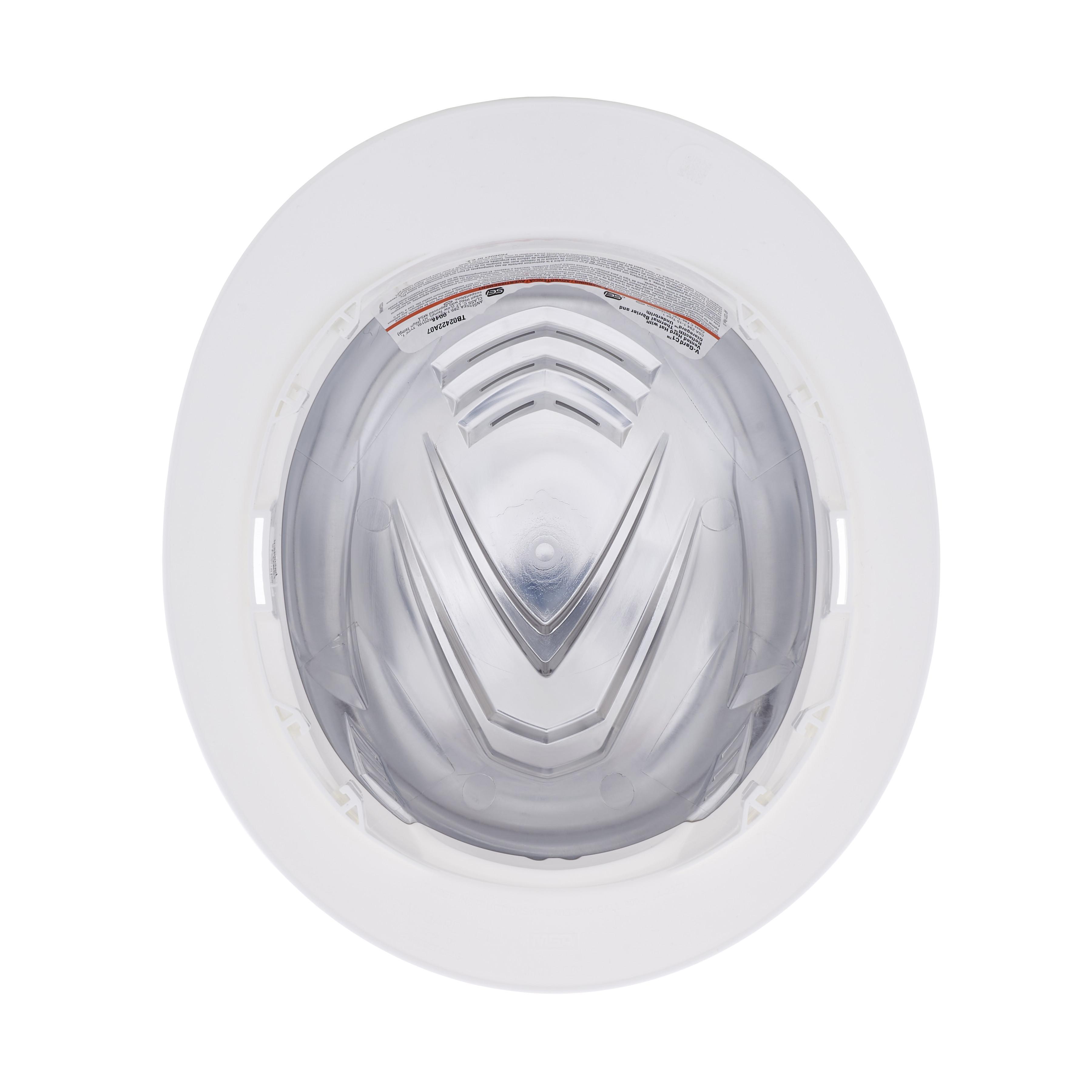 MSA 10215828 V-Gard Head Protection Hat, 6-1/2 Fits Mini Hat, 8 Fits Max Hat, HDPE, 4-Point Fas-Trac&reg; III Suspension, ANSI Electrical Class Rating: Class C, ANSI Impact Rating: ANSI Z89.1-2014 Type 1, Ratchet Adjustment