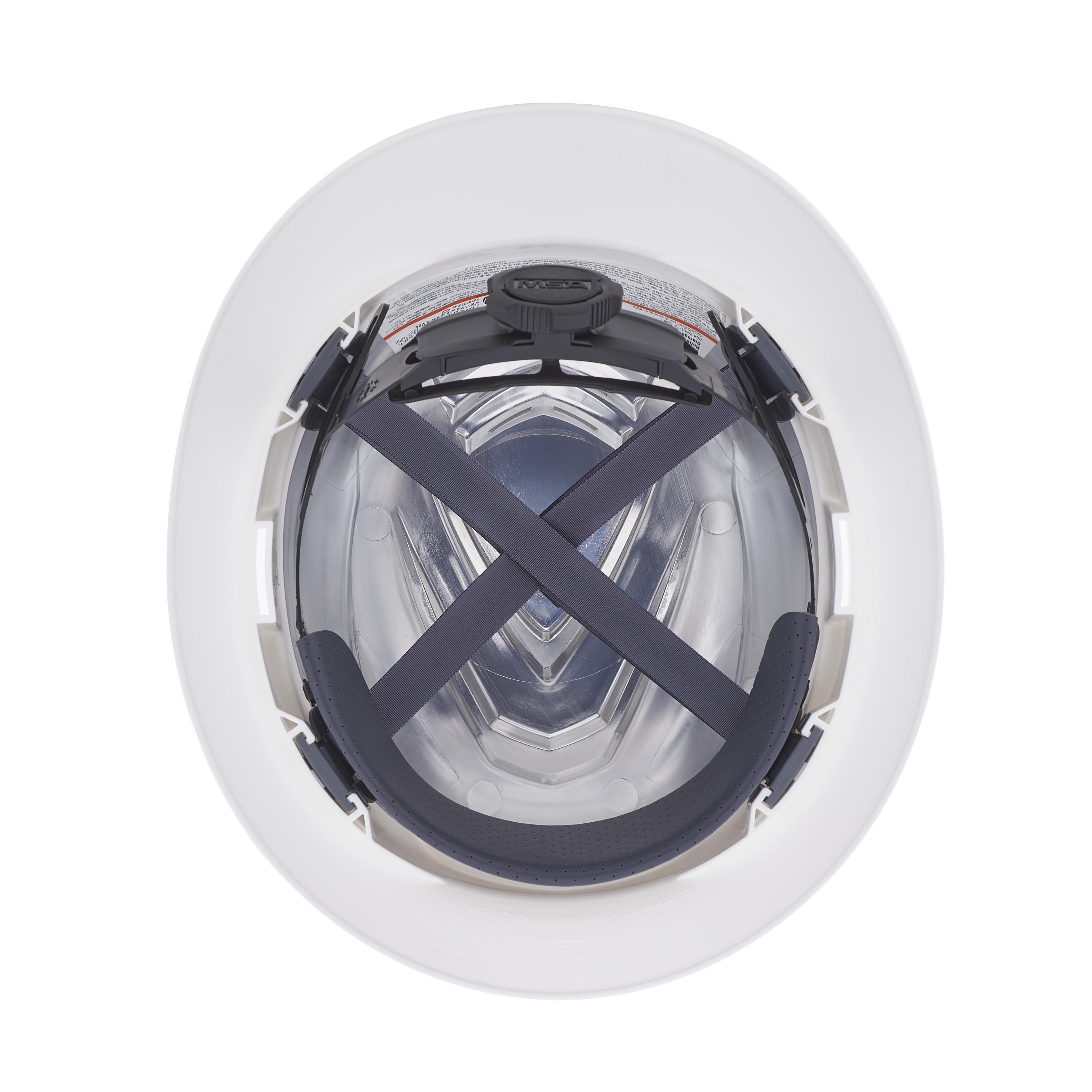 MSA 10215828 V-Gard Head Protection Hat, 6-1/2 Fits Mini Hat, 8 Fits Max Hat, HDPE, 4-Point Fas-Trac&reg; III Suspension, ANSI Electrical Class Rating: Class C, ANSI Impact Rating: ANSI Z89.1-2014 Type 1, Ratchet Adjustment