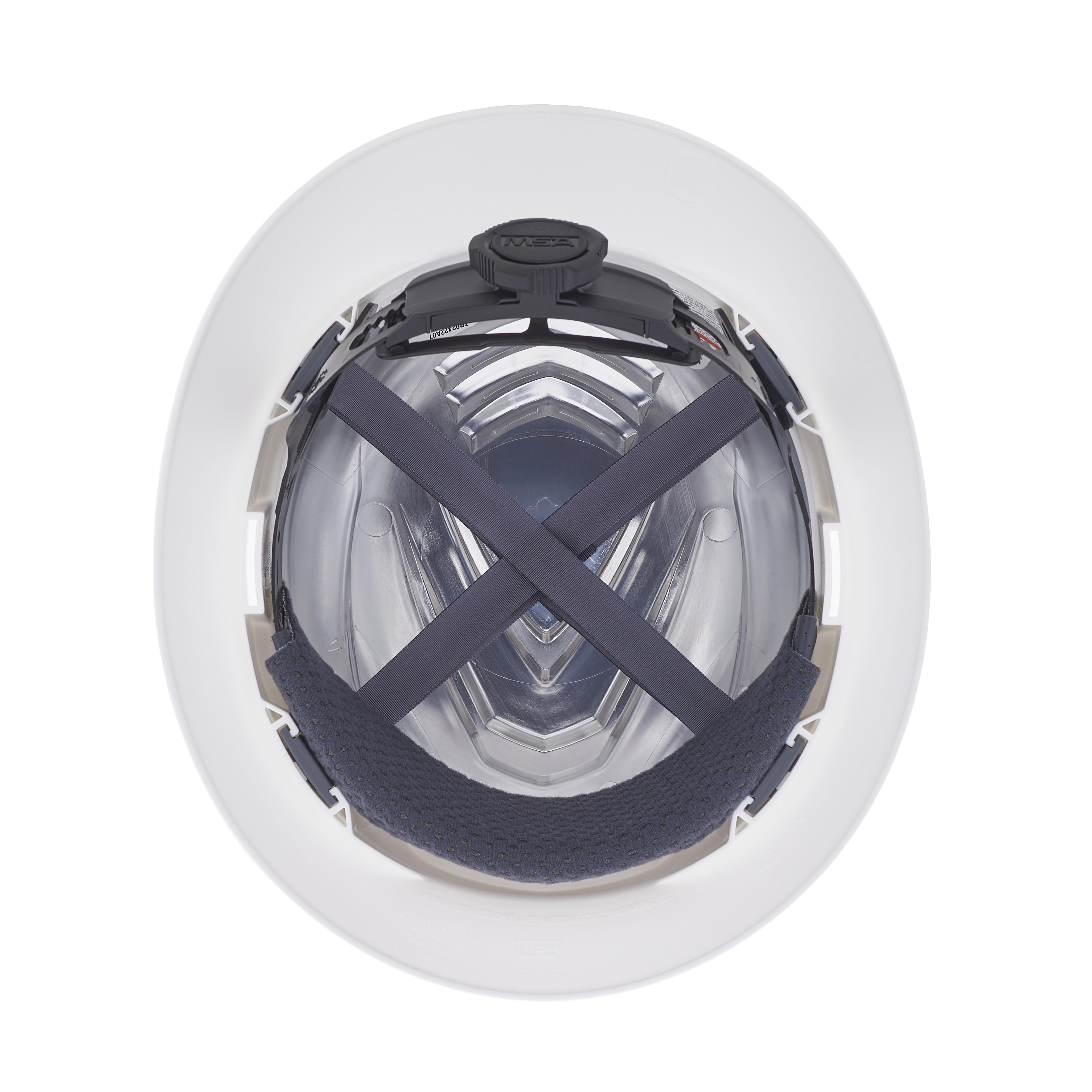 MSA 10215828 V-Gard Head Protection Hat, 6-1/2 Fits Mini Hat, 8 Fits Max Hat, HDPE, 4-Point Fas-Trac&reg; III Suspension, ANSI Electrical Class Rating: Class C, ANSI Impact Rating: ANSI Z89.1-2014 Type 1, Ratchet Adjustment