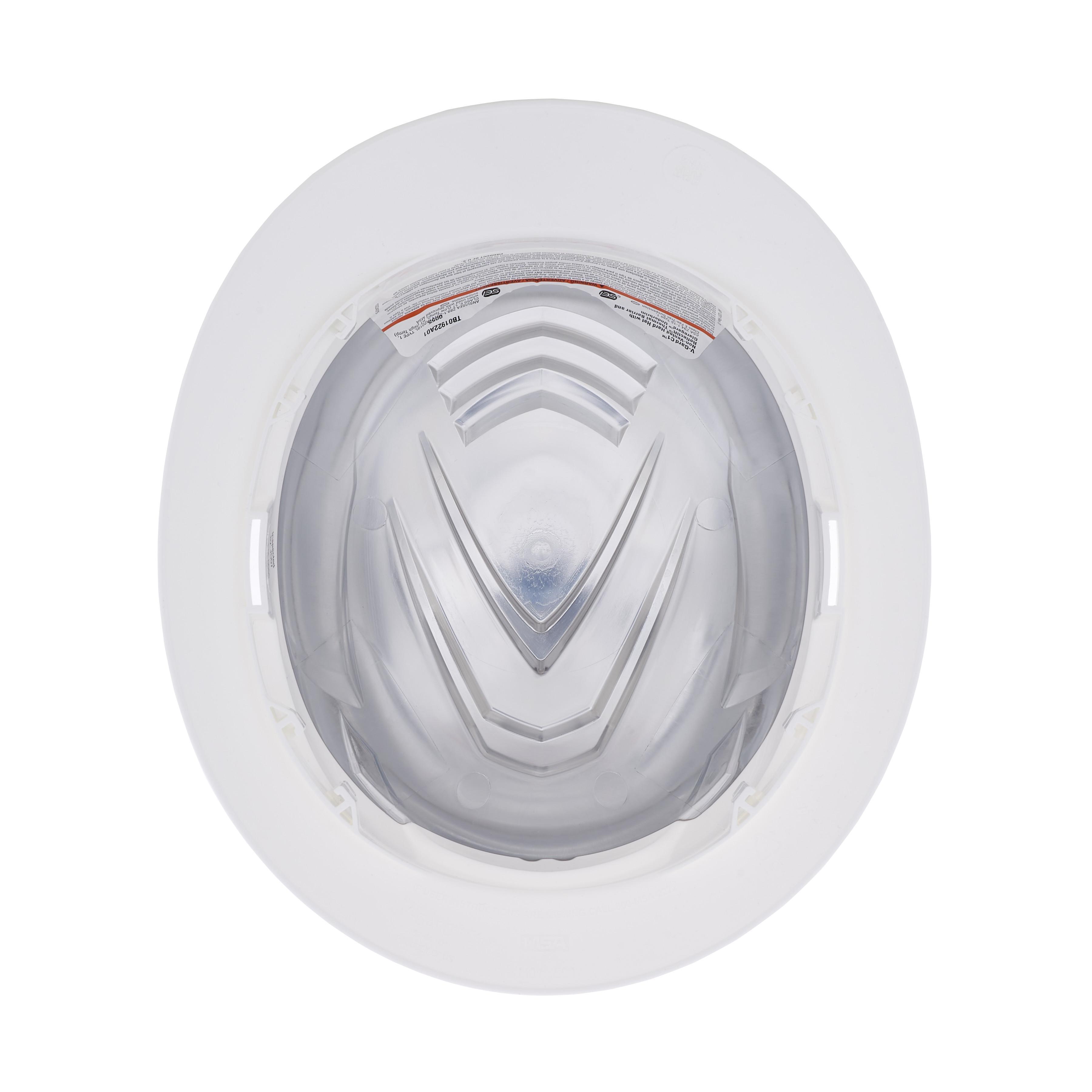 MSA 10215837 V-Gard Head Protection Hat, 6-1/2 Fits Mini Hat, 8 Fits Max Hat, HDPE, 4-Point Fas-Trac&reg; III Suspension, ANSI Electrical Class Rating: Class E, ANSI Impact Rating: ANSI Z89.1-2014 Type 1, Ratchet Adjustment