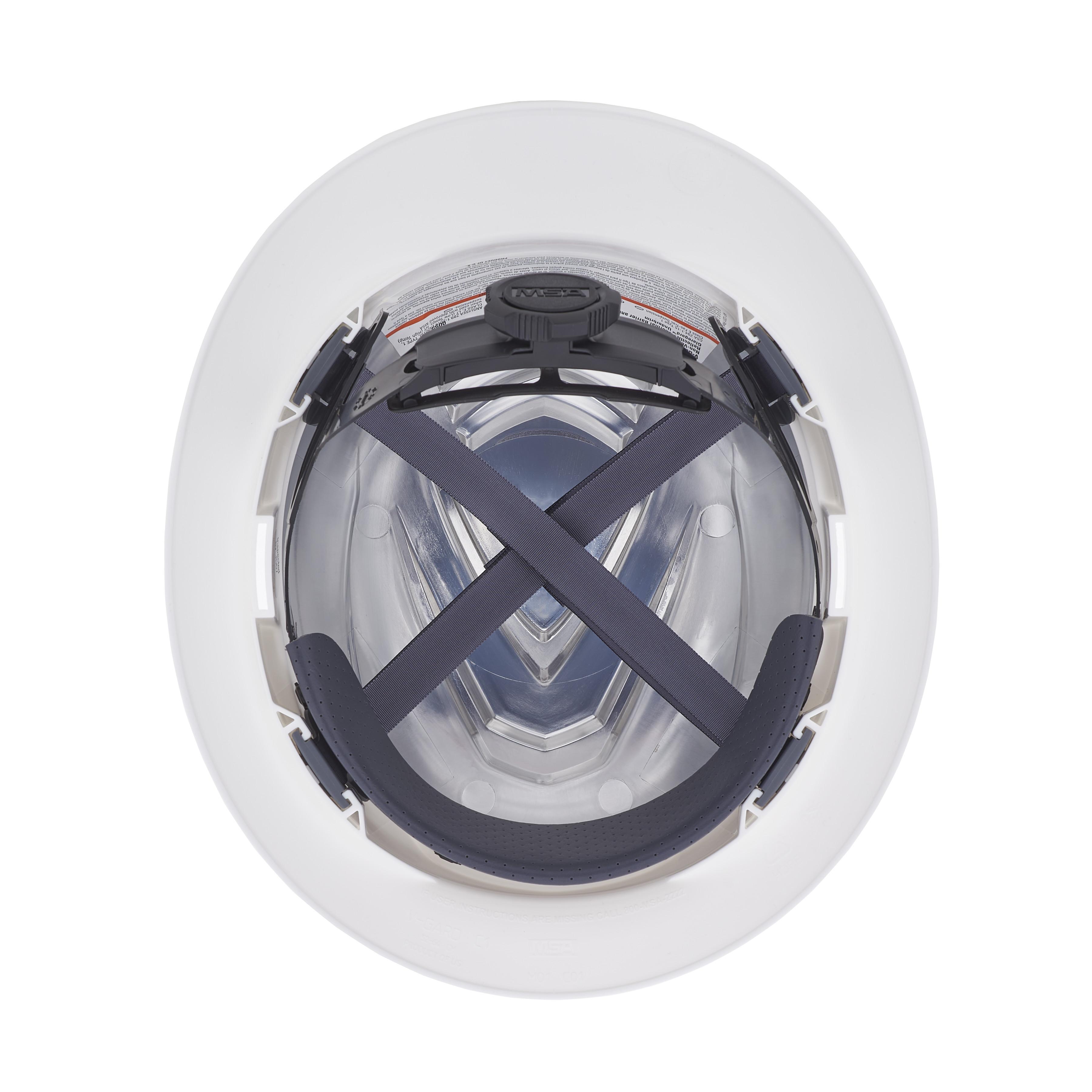 MSA 10215837 V-Gard Head Protection Hat, 6-1/2 Fits Mini Hat, 8 Fits Max Hat, HDPE, 4-Point Fas-Trac&reg; III Suspension, ANSI Electrical Class Rating: Class E, ANSI Impact Rating: ANSI Z89.1-2014 Type 1, Ratchet Adjustment